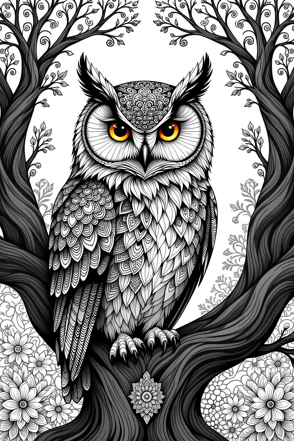Intricate black-and-white owl mandala perched on a tree with floral patterns; animal coloring page for detailed coloring page, kids' coloring page, printable coloring page, and coloring sheets great
