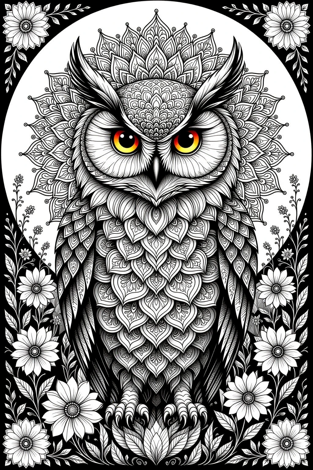 Highly detailed owl mandala with floral border in black-and-white line art; part of our detailed coloring page collection for a printable coloring page. Perfect as animal coloring page, mandala