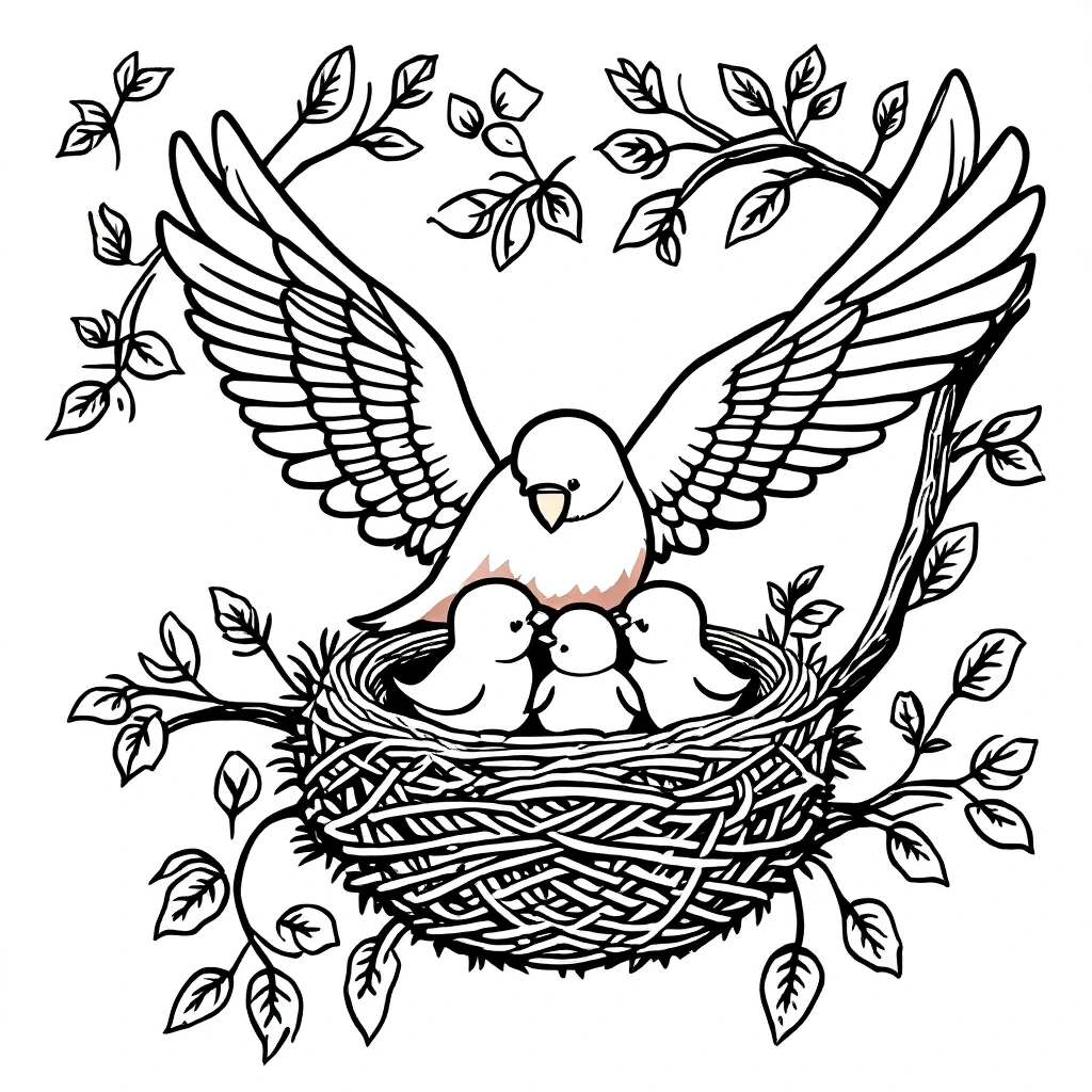 Black and white bird nest coloring page featuring a mother bird with wings spread over three baby birds in a woven nest, surrounded by leafy branches; a cute nature scene for detailed coloring page