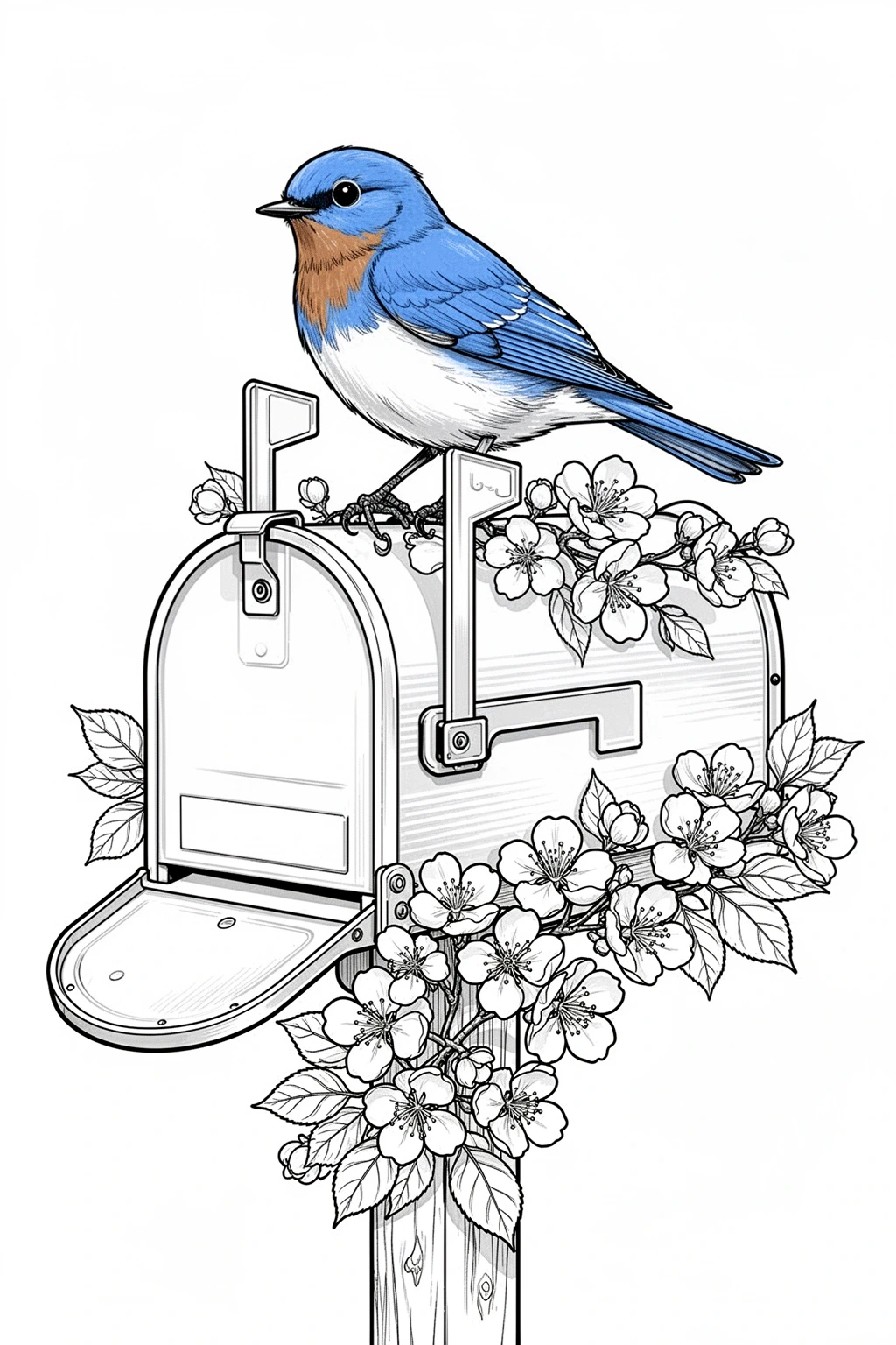 Black-and-white coloring page of bluebird mailbox coloring page.