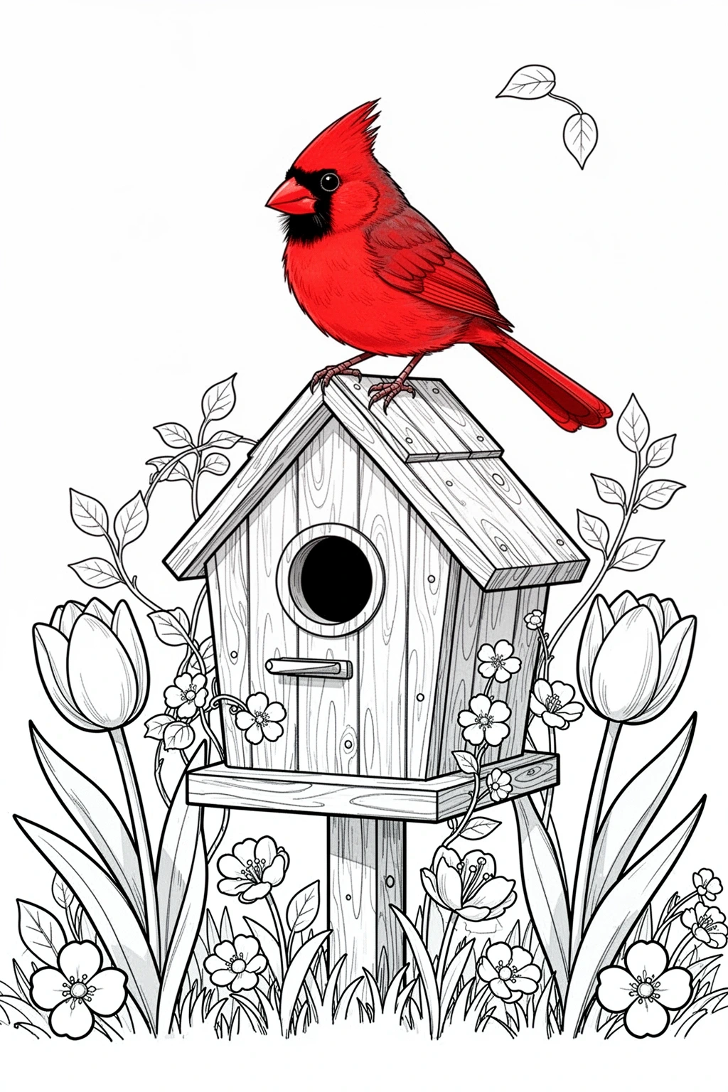 Black-and-white coloring page of a cardinal perched on a birdhouse surrounded by spring flowers.