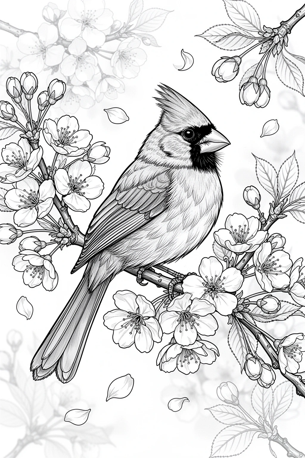 Detailed coloring page of a cardinal perched on a cherry blossom branch with flowers and falling petals.