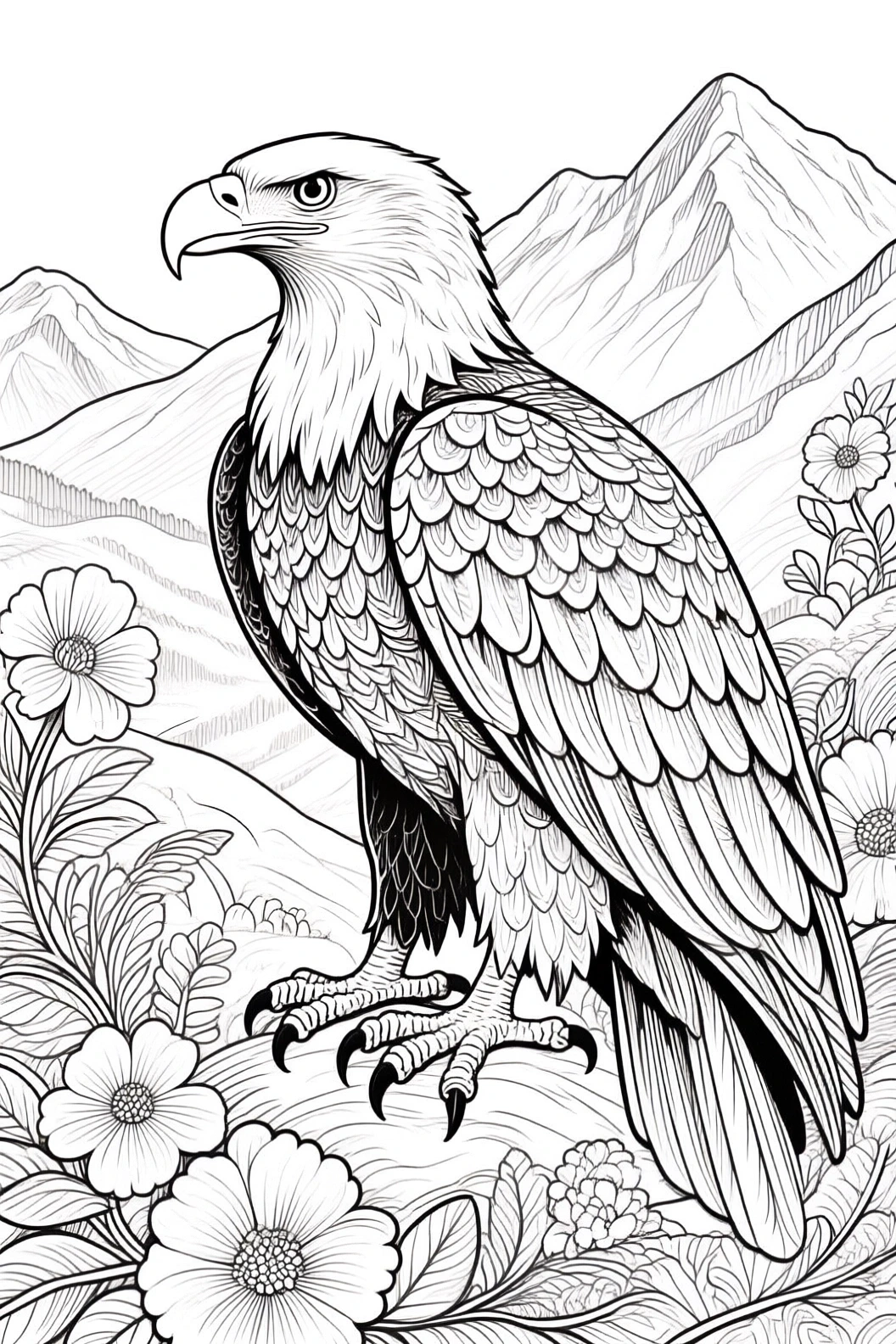 Black-and-white eagle perched on a rock with detailed feathers, mountains and flowers in the background a printable coloring page style page for detailed coloring page, kids' coloring page, and