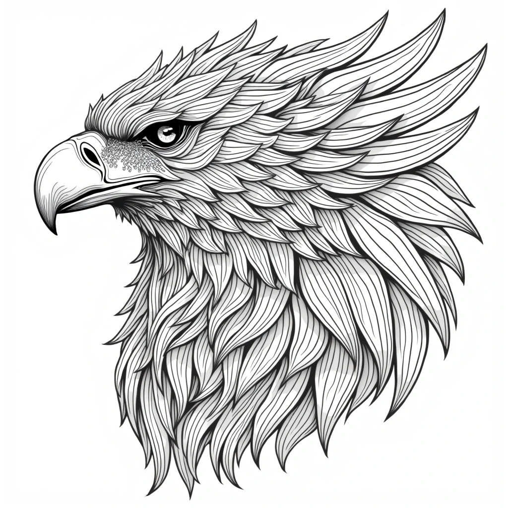 Intricate black-and-white eagle head line art for coloring; detailed coloring page, kids' coloring page, printable coloring page, coloring sheets, animal and mandala style.