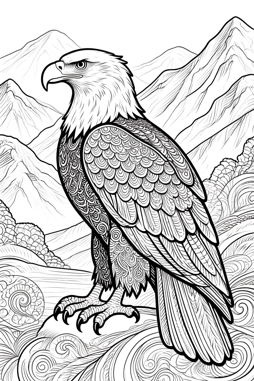Animal coloring page featuring a highly detailed eagle perched before mountains; designed as detailed coloring page with ornate feathers, suitable for kids' coloring page and adults; ideal for a