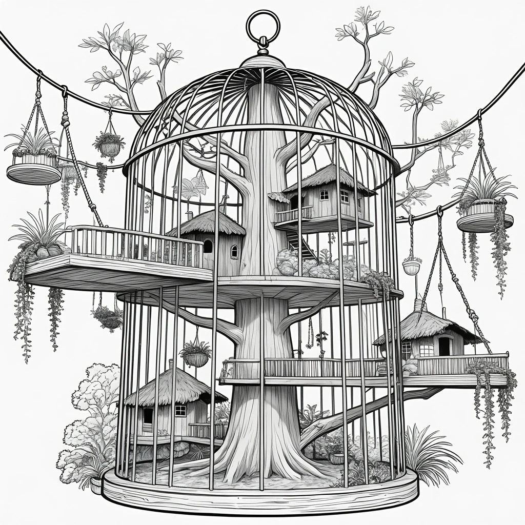 Black and white detailed coloring page of an enchanted treehouse inside a giant birdcage surrounded by hanging plants and branches, designed as kids' coloring page, a printable coloring page, and