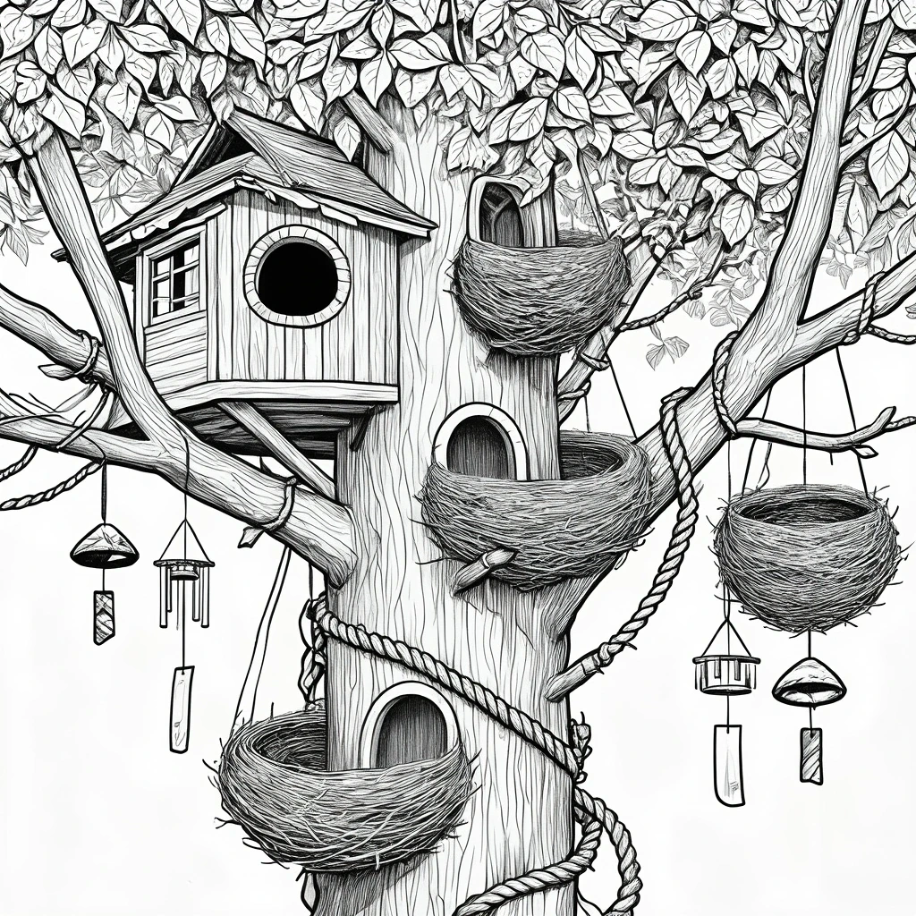Black-and-white detailed coloring page of a whimsical treehouse built into a large tree with multiple bird nests, hanging decorations, and branches, designed as printable coloring page coloring