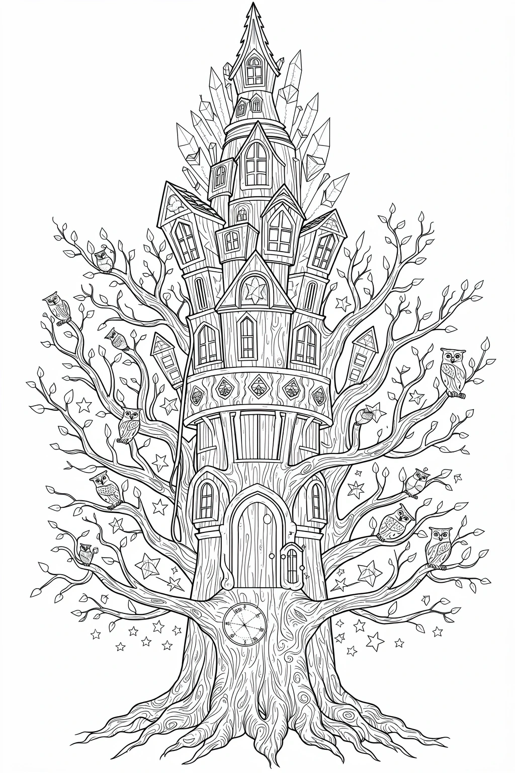 Intricate black-and-white treehouse coloring page featuring owls, branches, stars and many windows ideal detailed coloring page, kids' coloring page, printable coloring page and coloring sheets.