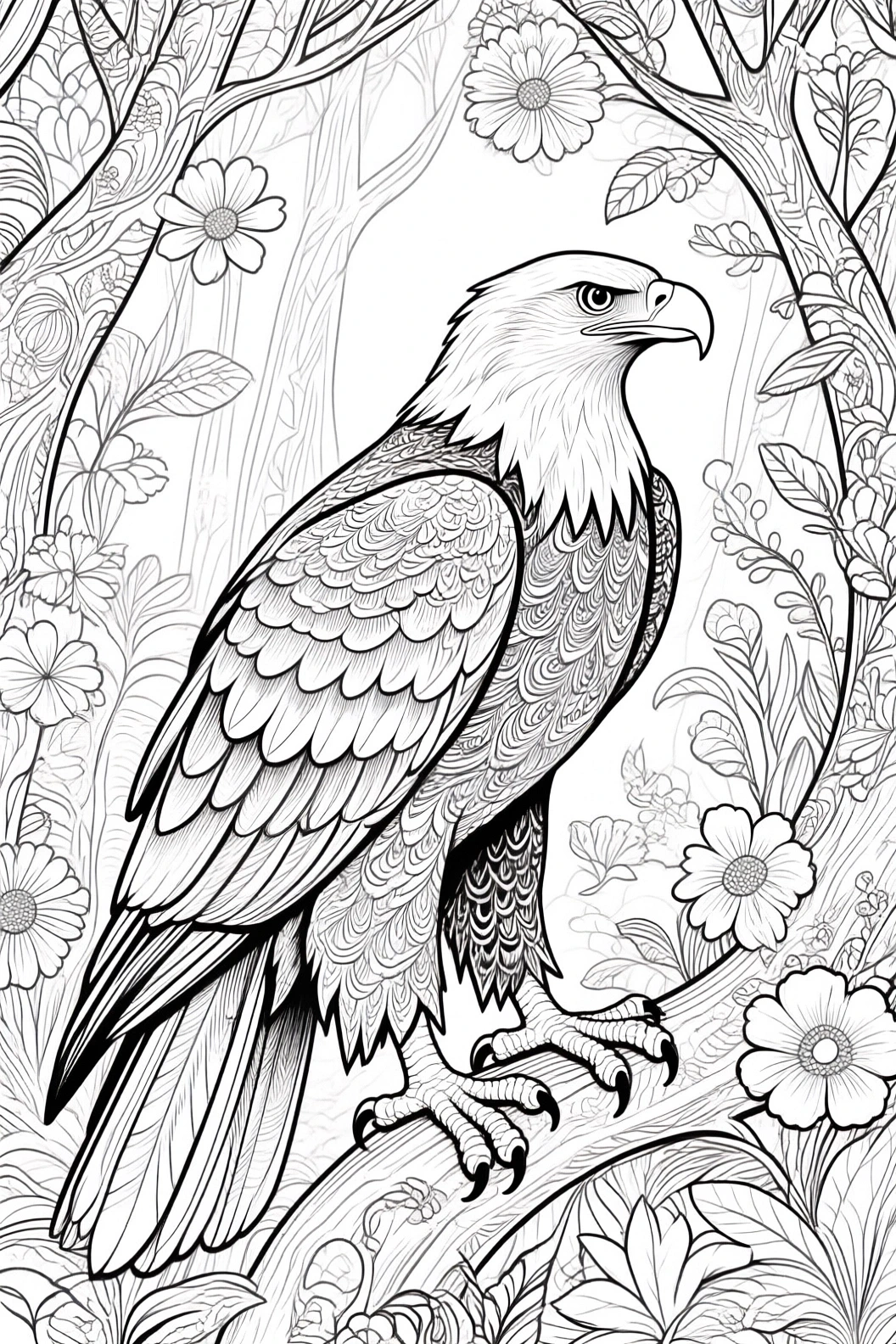 Black-and-white eagle coloring page with floral background detailed coloring page, kids' coloring page, printable coloring page and coloring sheets featuring animal and spring themes with mandala-like