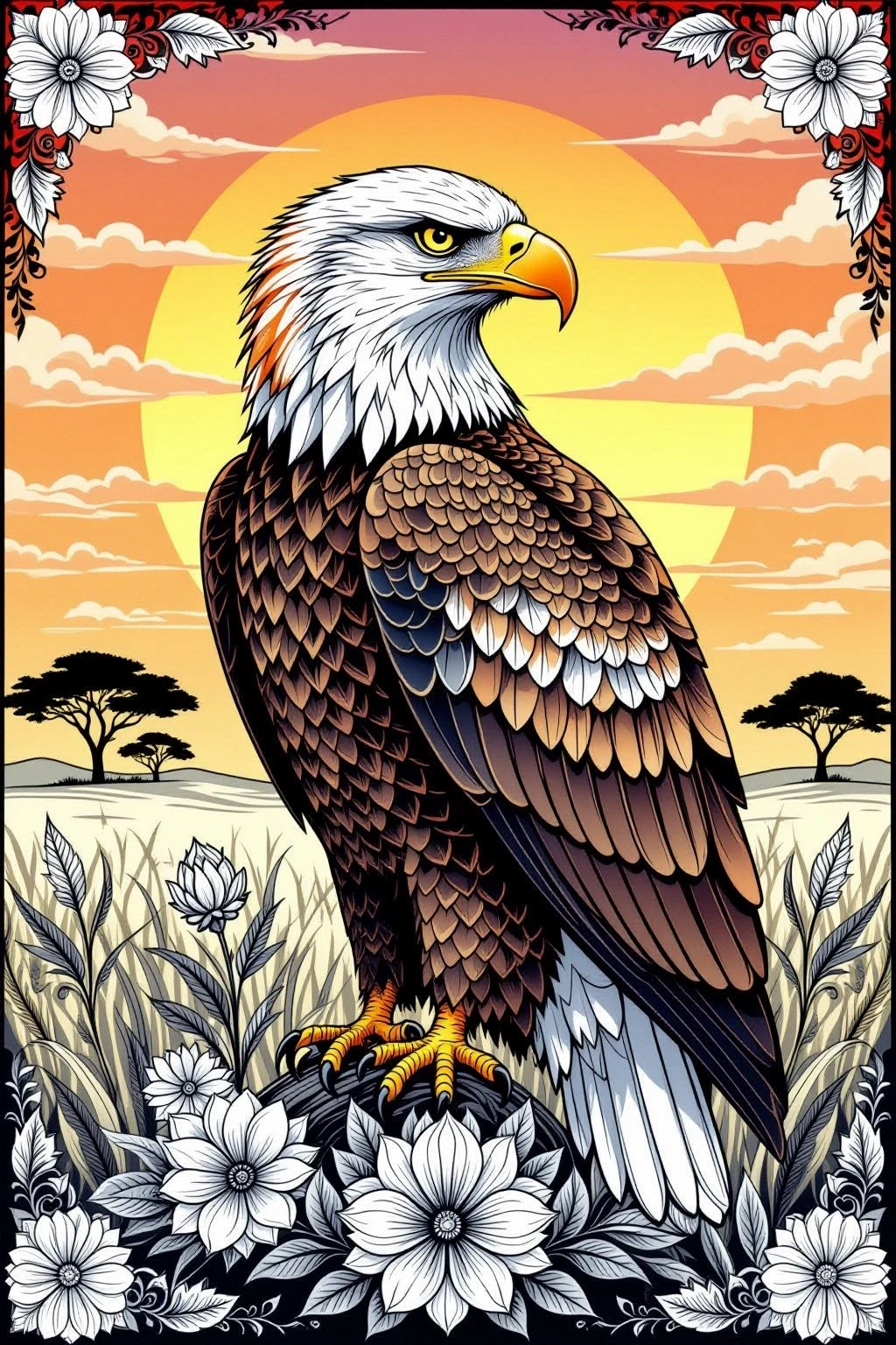 Majestic eagle detailed coloring page with floral border at sunset printable coloring page style image for kids' coloring page, detailed coloring page and coloring sheets.