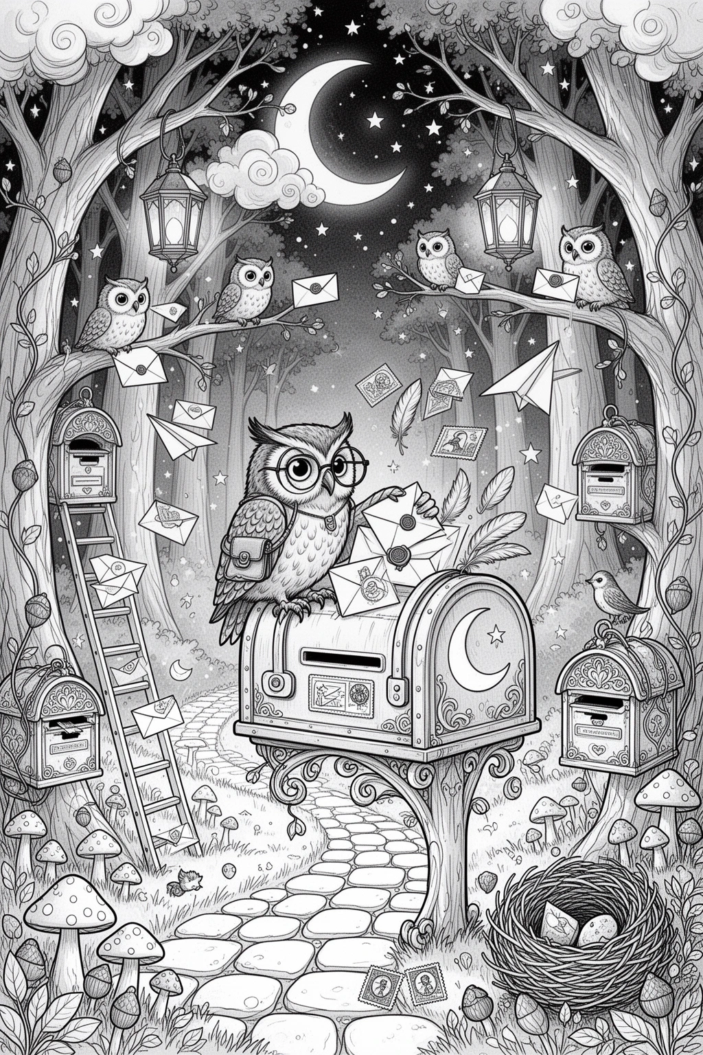 Moonlit Owl Postal Service coloring page.