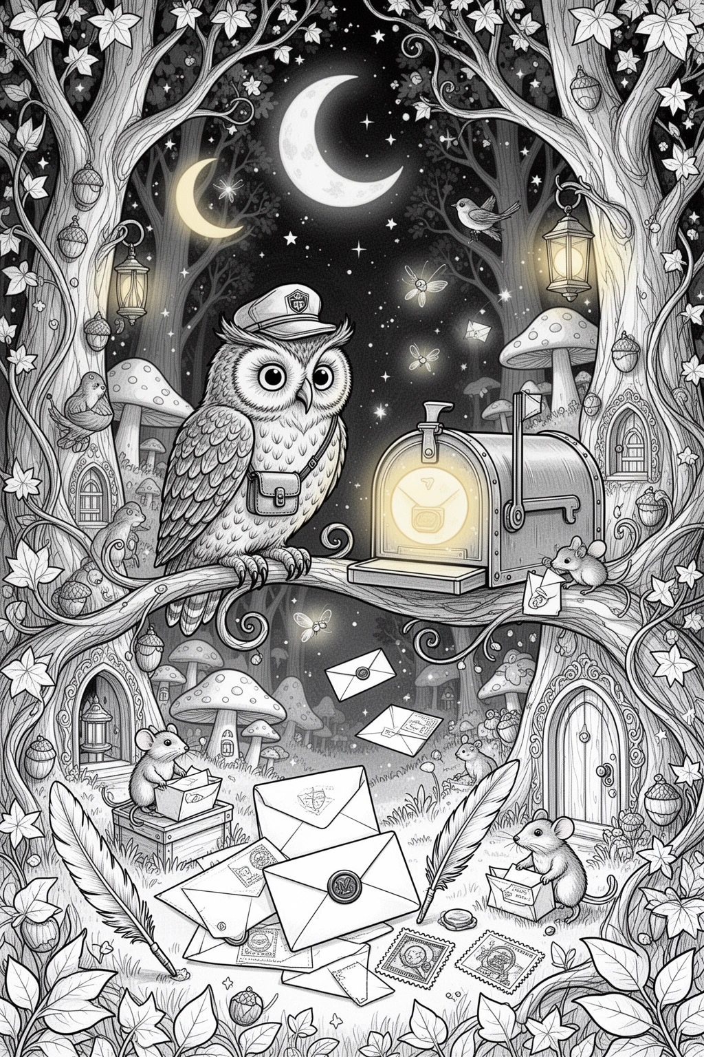 MOONLIT Owl Postal Service coloring page.