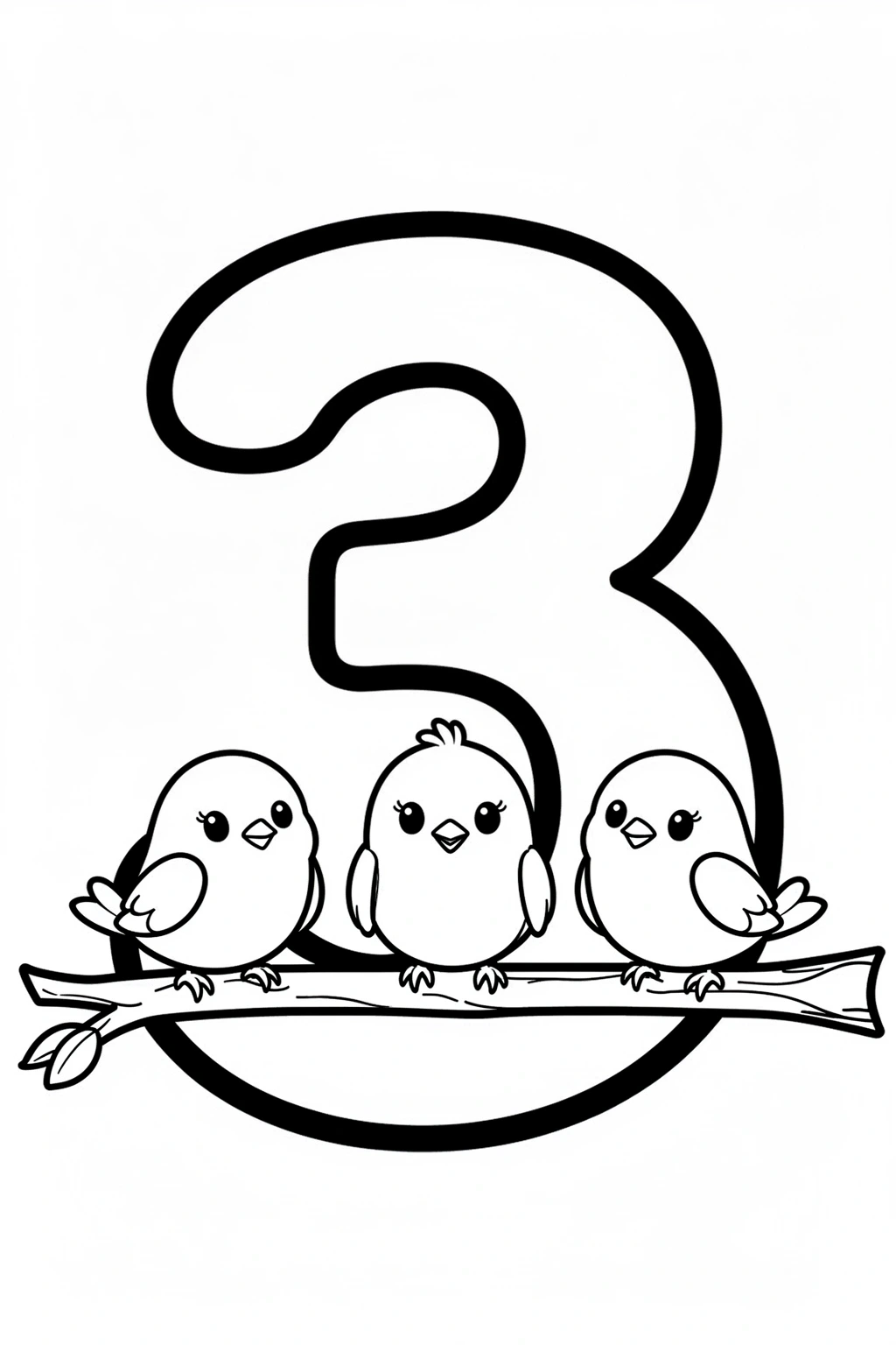 Black and white line art of the number 3 next to three birds on a branch, designed as a coloring page for kids.