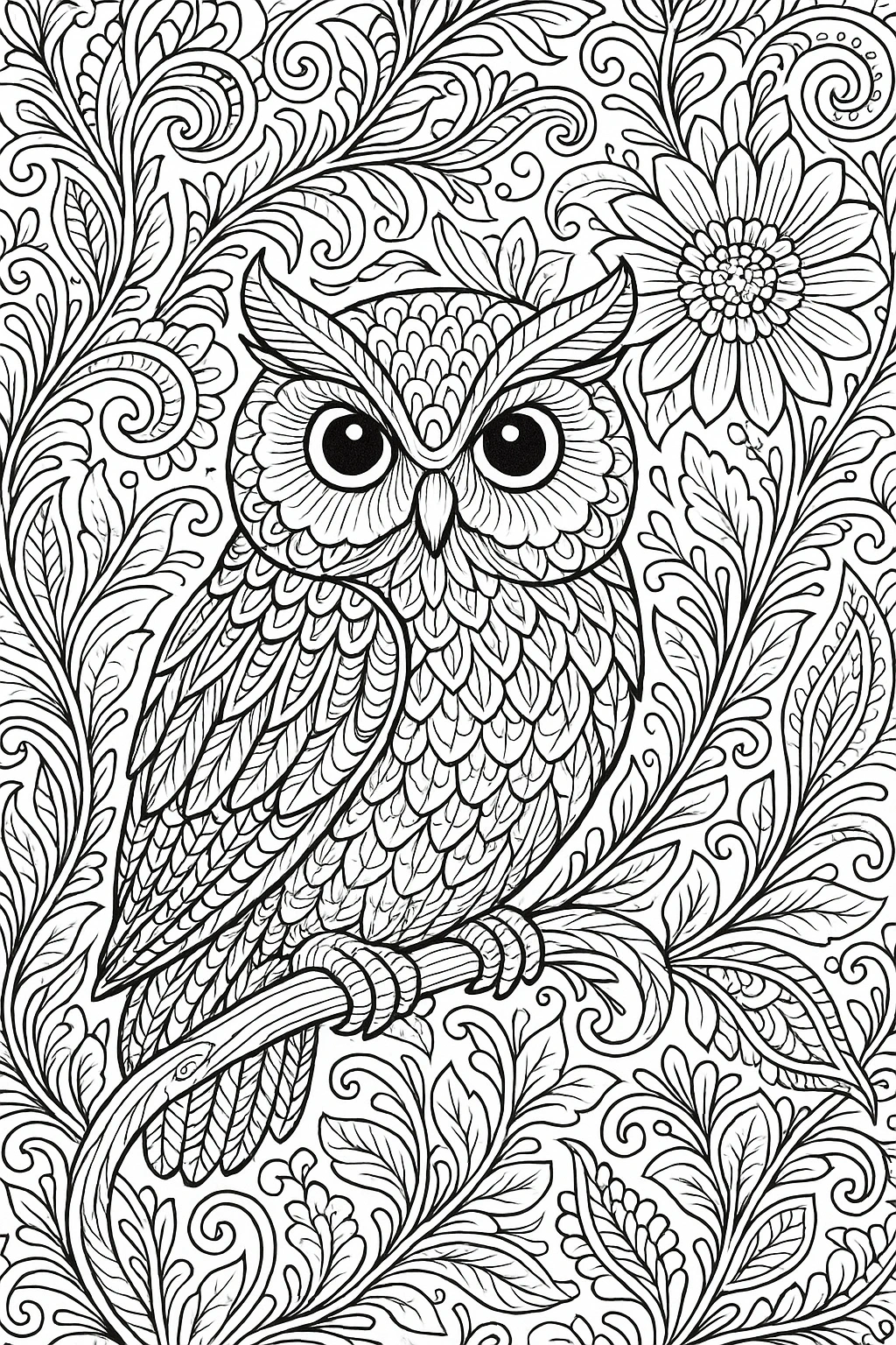 Black-and-white detailed owl coloring page with floral and swirling mandala patterns a detailed coloring page design suitable for kids' coloring page, a printable coloring page or separate coloring
