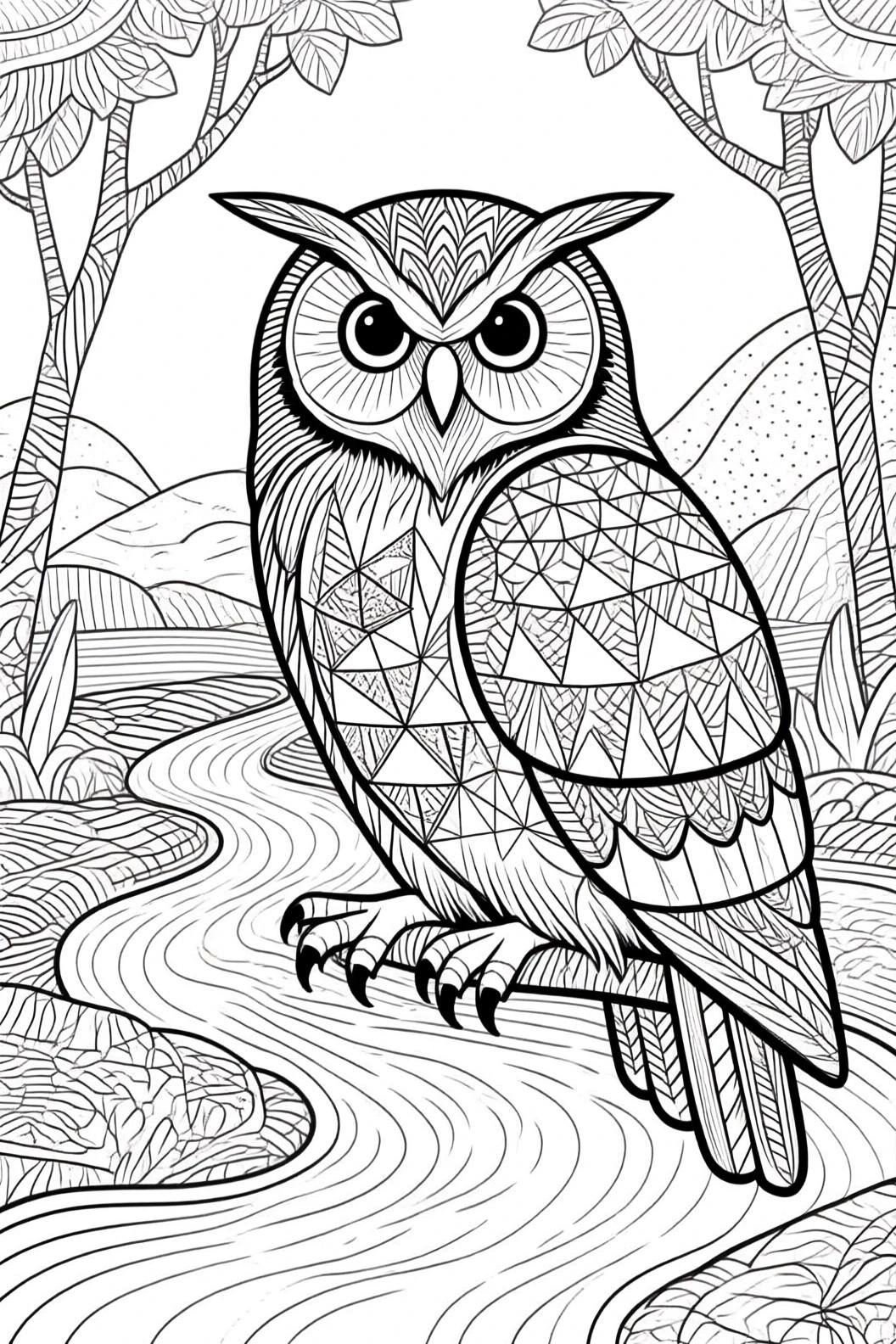Black-and-white owl mandala coloring page with intricate patterns; detailed coloring page, kids' coloring page, printable coloring page and coloring sheets included.