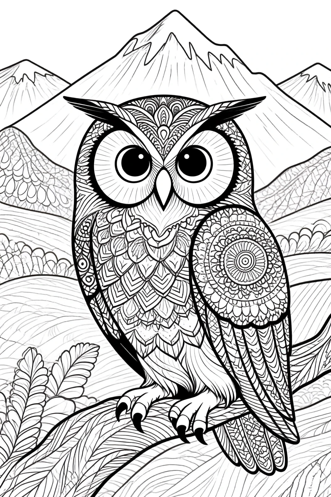 Black and white owl mandala line art on a mountain background detailed coloring page, kids' coloring page, printable coloring page, and coloring sheets with animal and mandala themes.