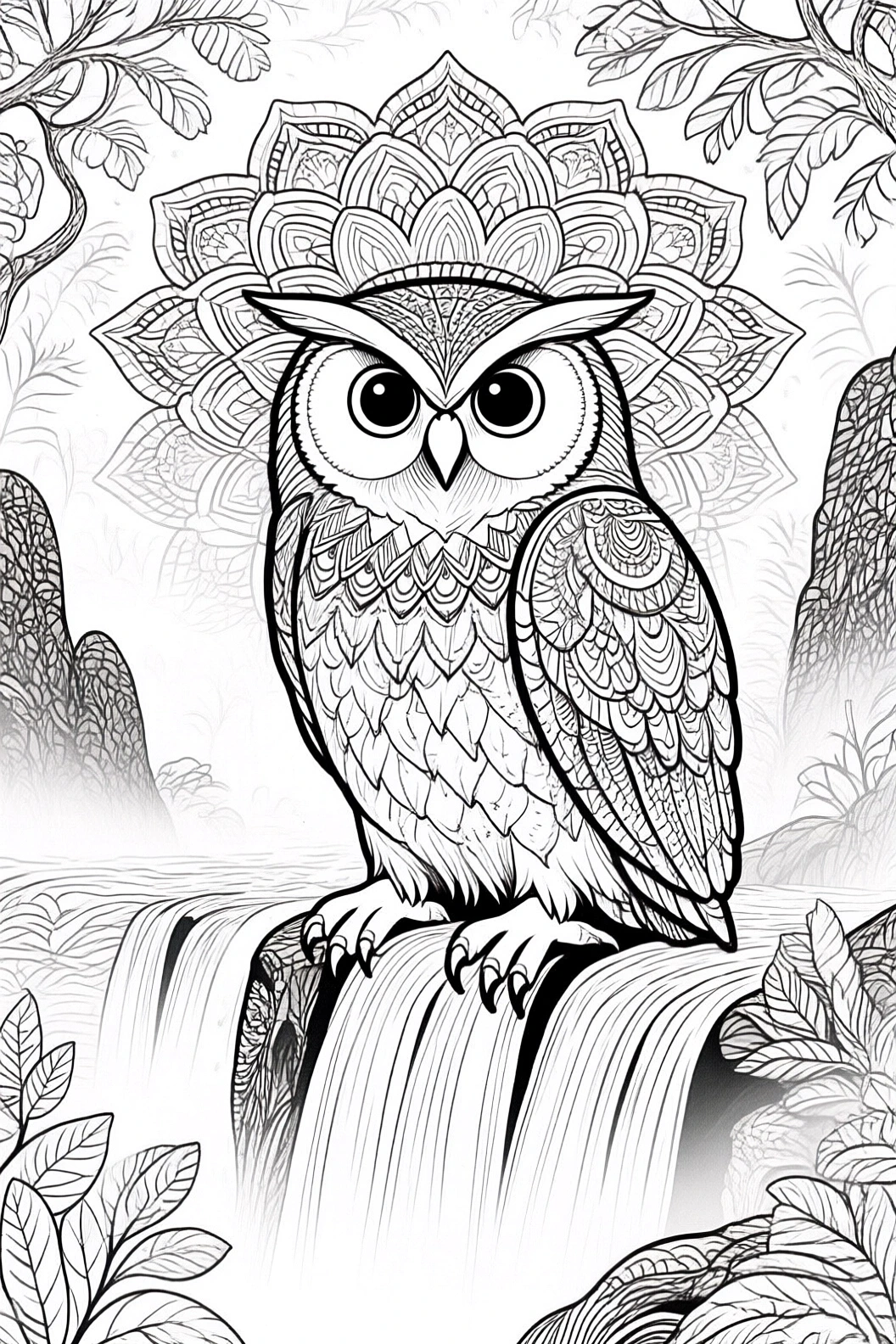 Intricate owl mandala coloring page with detailed feathers and background scenery printable coloring page style coloring sheets for kids' coloring page and detailed coloring page, animal and mandala