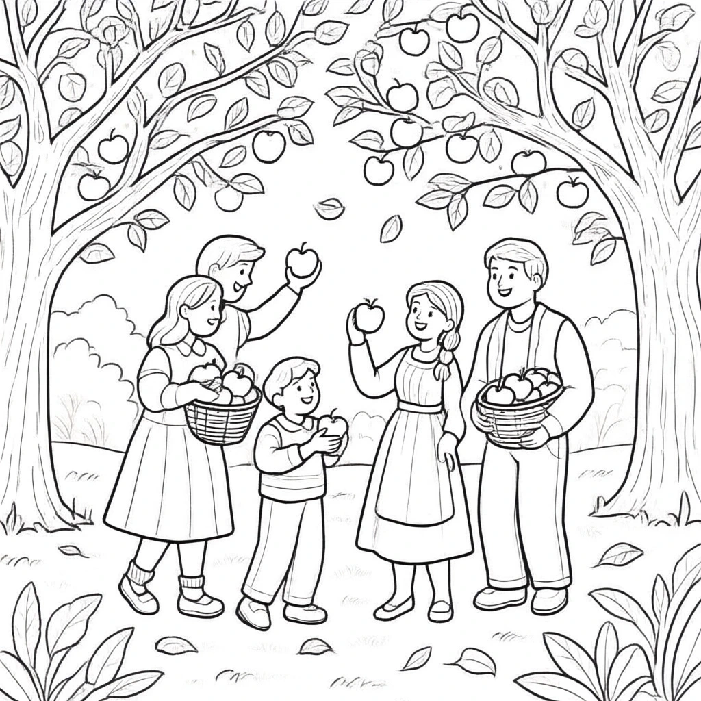 Black-and-white apple-picking family scene: people holding baskets of apples under trees detailed coloring page, kids' coloring page, printable coloring page, and coloring sheets for fall and harvest.