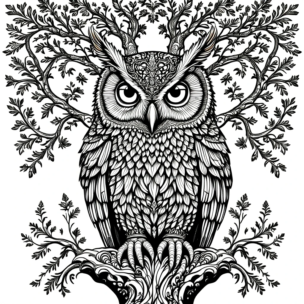 Black and white intricate owl mandala coloring page detailed coloring page, kids' coloring page, printable coloring page and coloring sheets featuring an animal design.