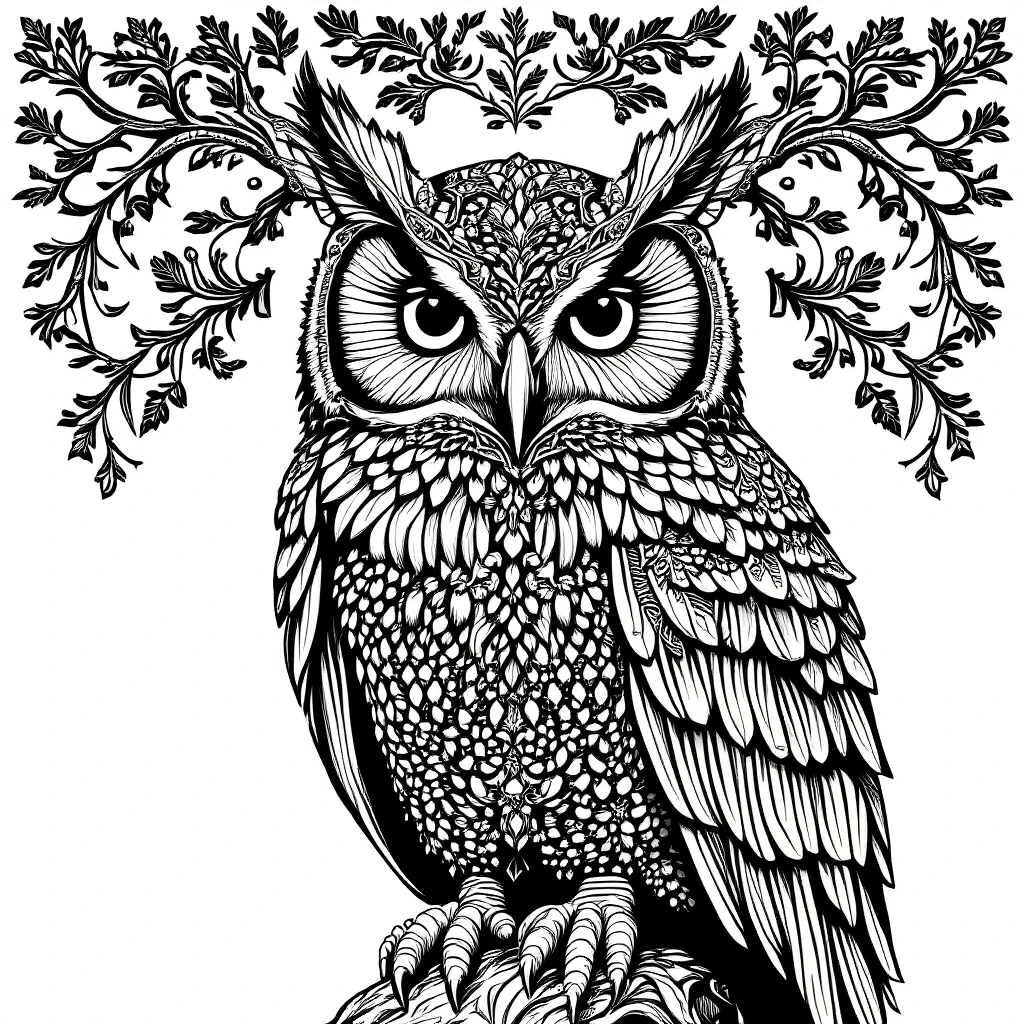 Intricate owl coloring page featuring mandala-style details detailed coloring page, kids' coloring page, printable coloring page and coloring sheets for animal lovers.