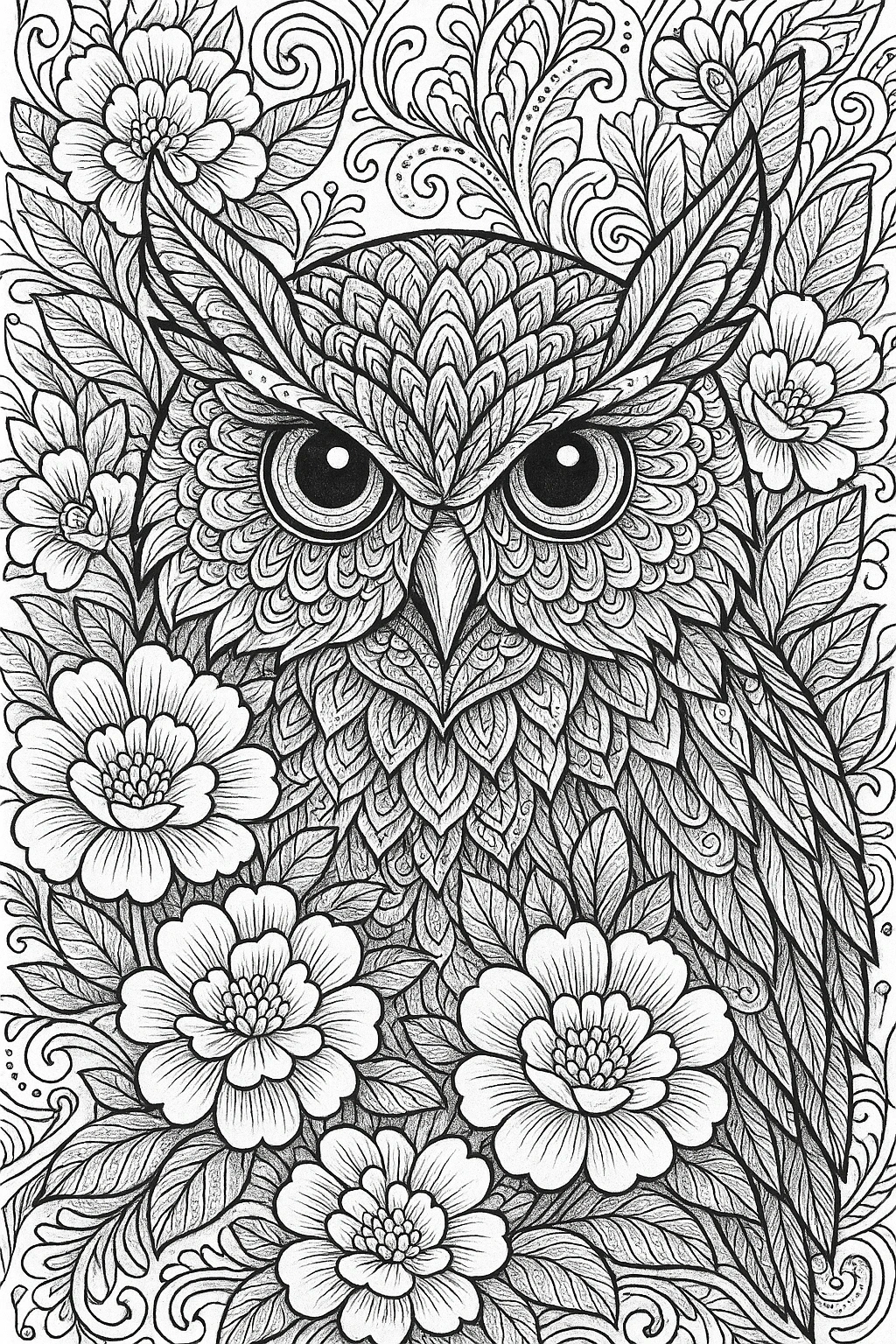 Black and white intricate owl coloring page with floral mandala patterns detailed coloring page, kids' coloring page, printable coloring page and coloring sheets for animal and nature themes.