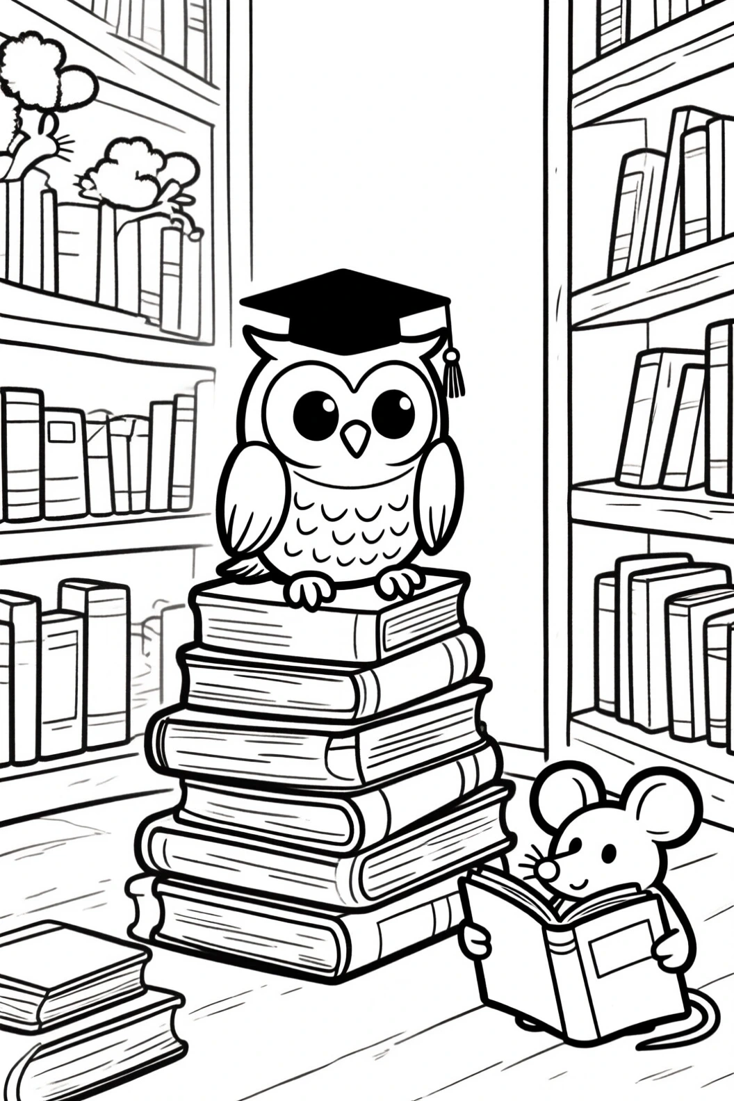 Animal coloring page of a wise owl wearing a graduation cap perched on a stack of books while a small mouse reads in a library. Ideal for kids' coloring page and detailed coloring page; great as