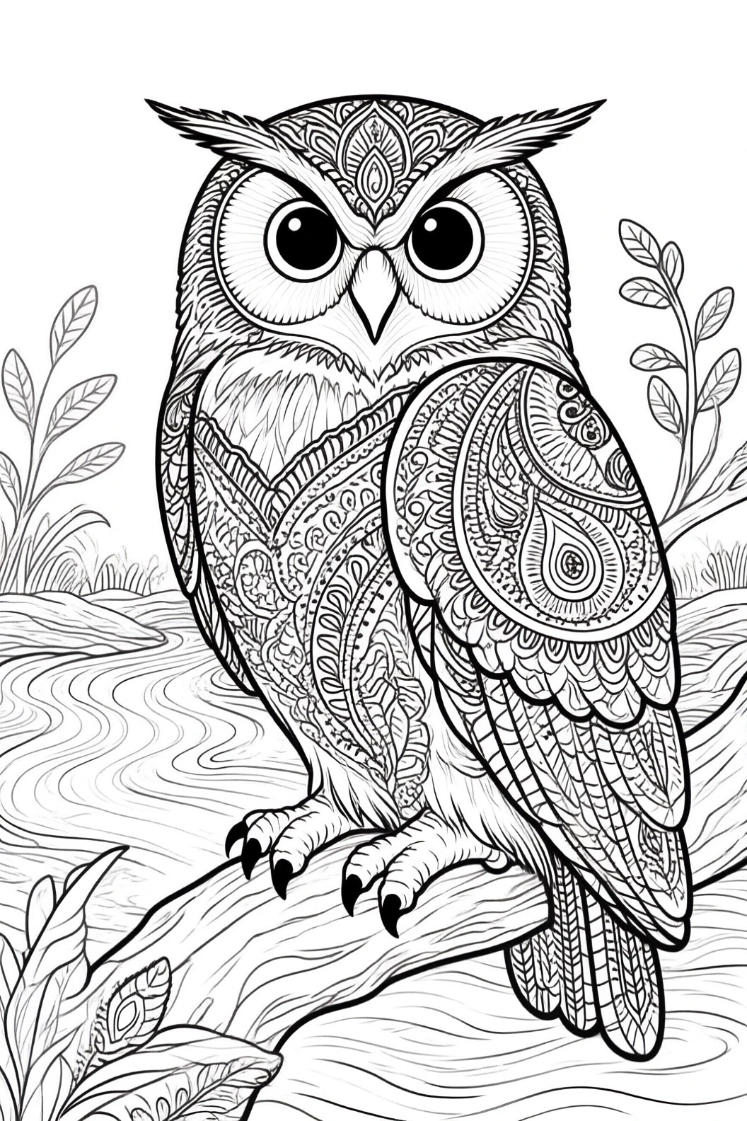 Black-and-white animal coloring page featuring an ornate owl with mandala patterns perched on a branch beside a stream. Suited for detailed coloring page, kids' coloring page, printable coloring page.