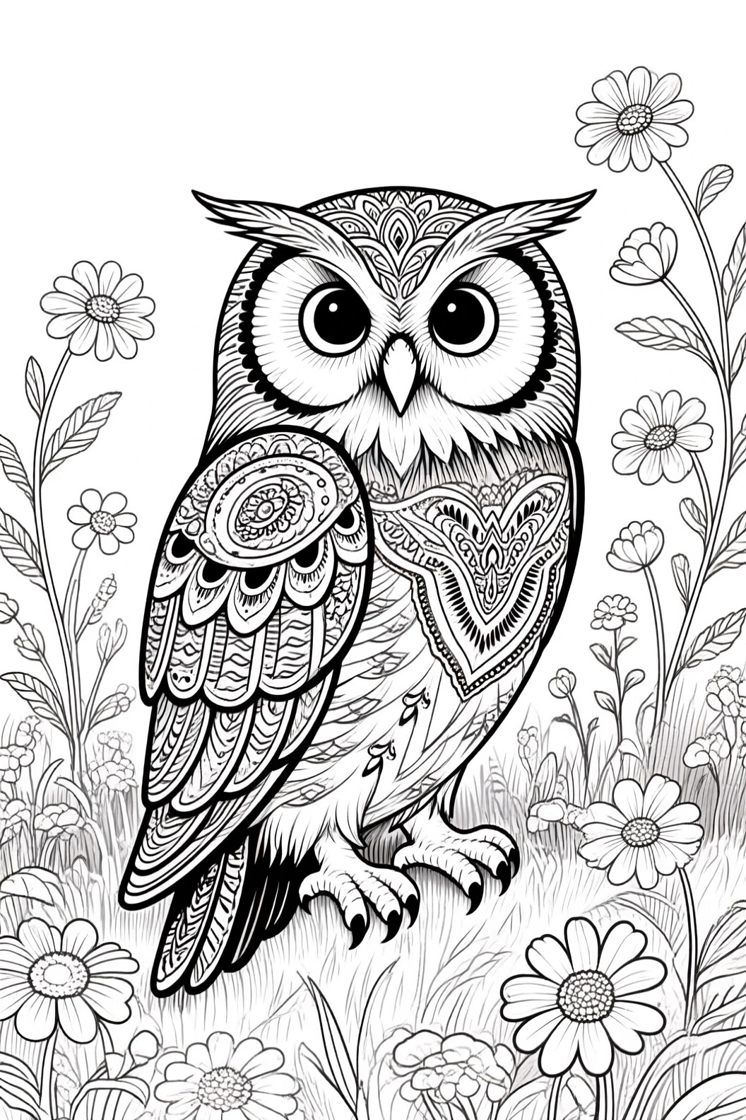 Black-and-white line art of an intricate owl with mandala patterns sitting in a field of spring flowers; a printable coloring page design from our detailed coloring page and kids' coloring page