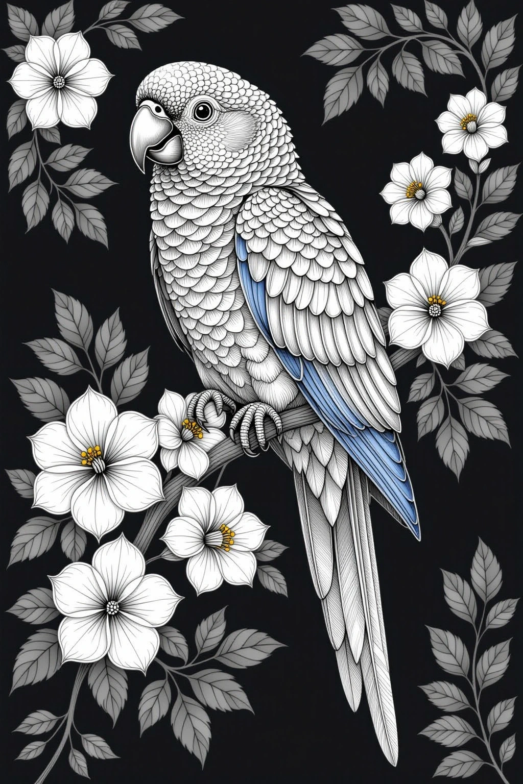 High-contrast parrot and floral illustration for coloring an animal detailed coloring page design ideal for kids' coloring page and printable coloring page or coloring sheets. Black background with
