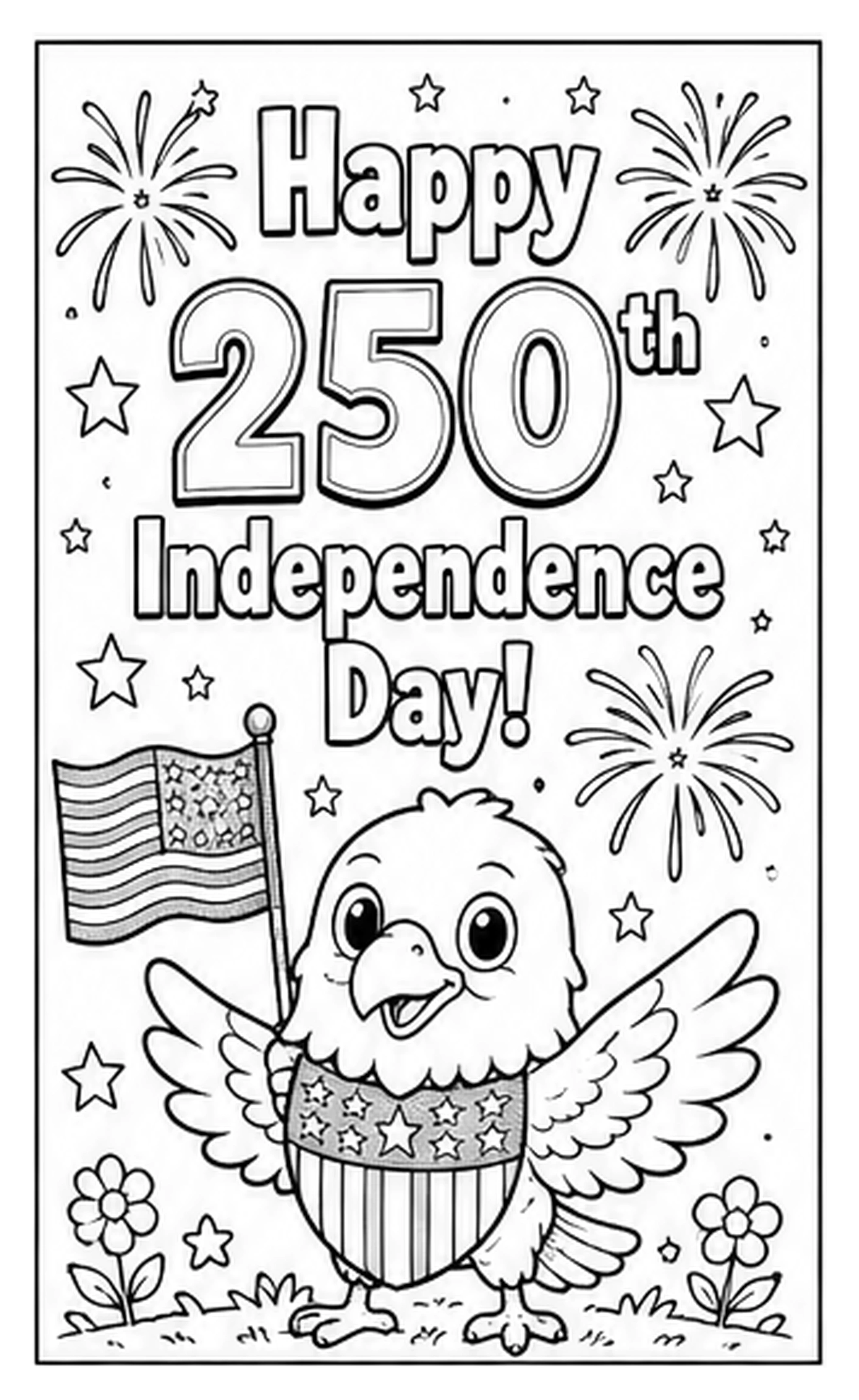 Black and white 250th Independence Day coloring page with a cute eagle holding an American flag, fireworks, stars, and flowers. A fun printable coloring page for kids and families.