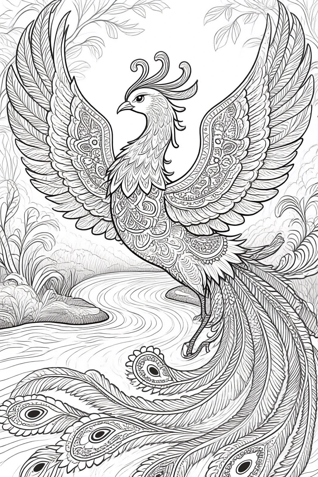 Detailed phoenix line art for coloring: intricate mandala-style animal design with flowing tail and feathers printable coloring page, kids' coloring page and coloring sheets, part of a set of detailed