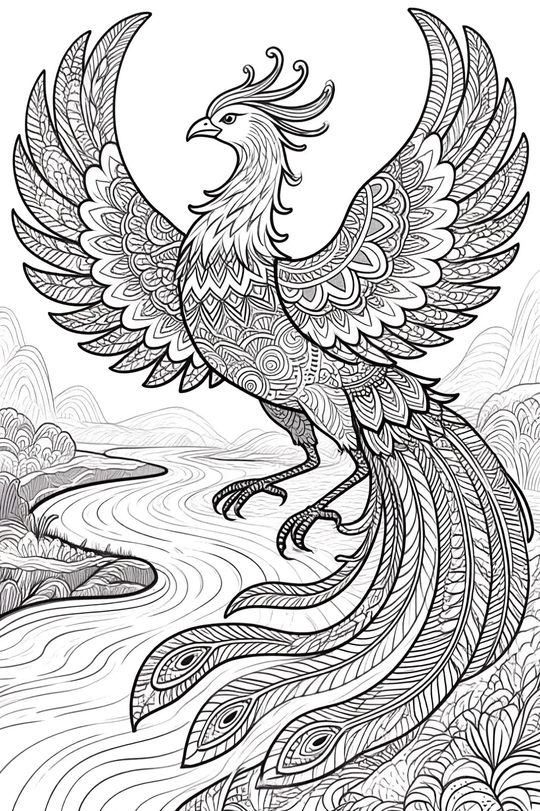 Intricate black-and-white line art of a phoenix an animal mandala with ornate feathers and wings spread over a river landscape; ideal for detailed coloring page, kids' coloring page, printable