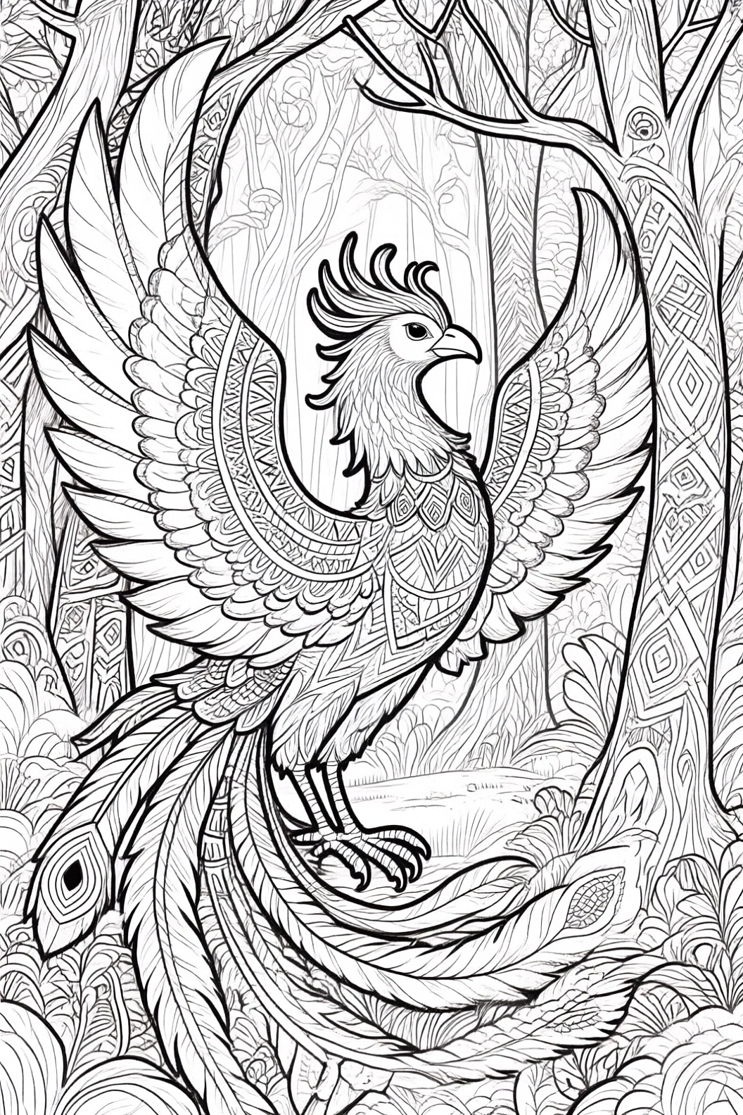 Intricate phoenix bird mandala in a forest black-and-white line art printable coloring page. Ideal for detailed coloring page, kids' coloring page, a printable coloring page collection, and