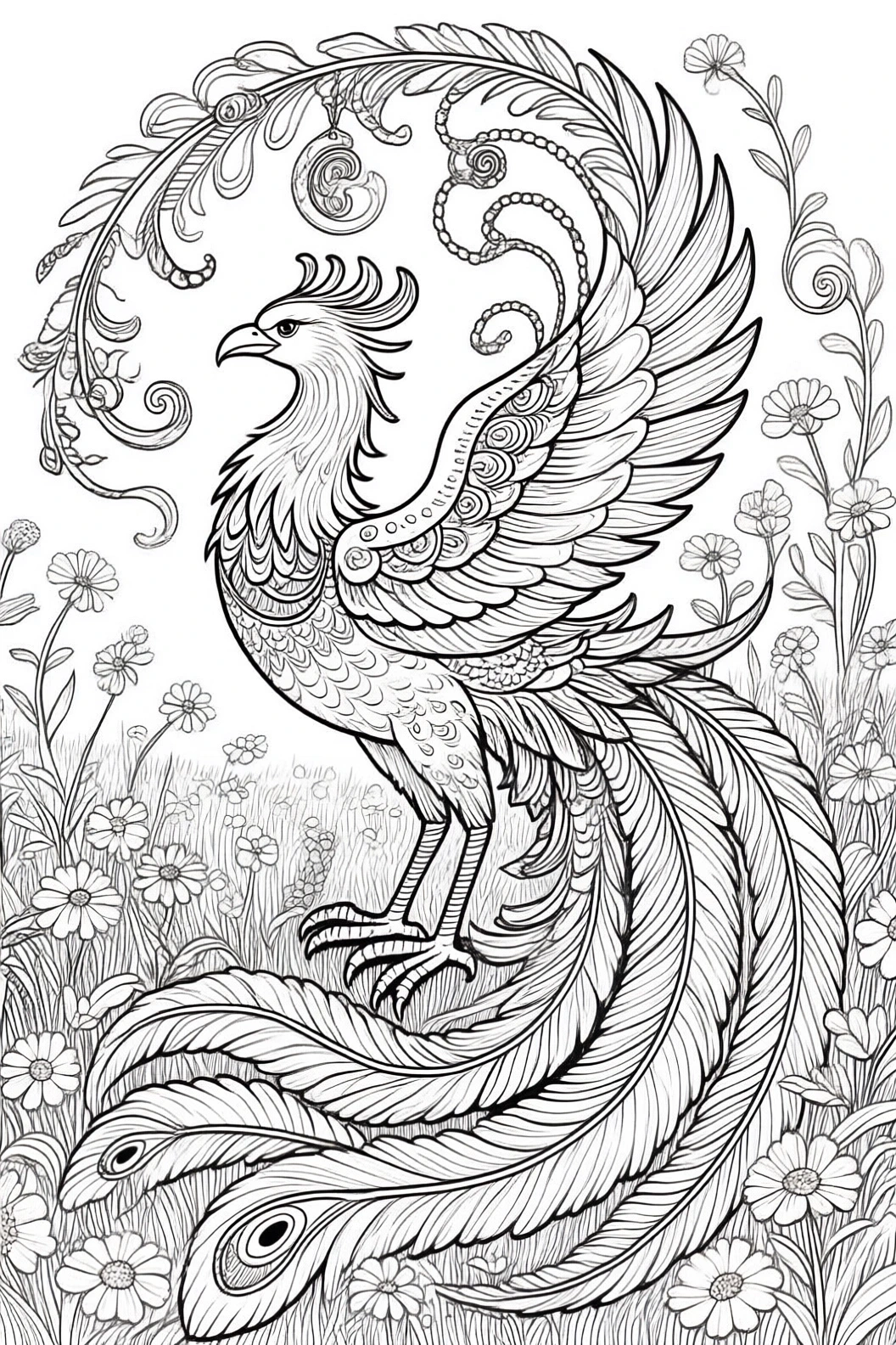 Black-and-white printable coloring sheet of a majestic phoenix standing among flowers with elaborate feathers and floral swirls a detailed coloring page suitable for kids' coloring page and adult