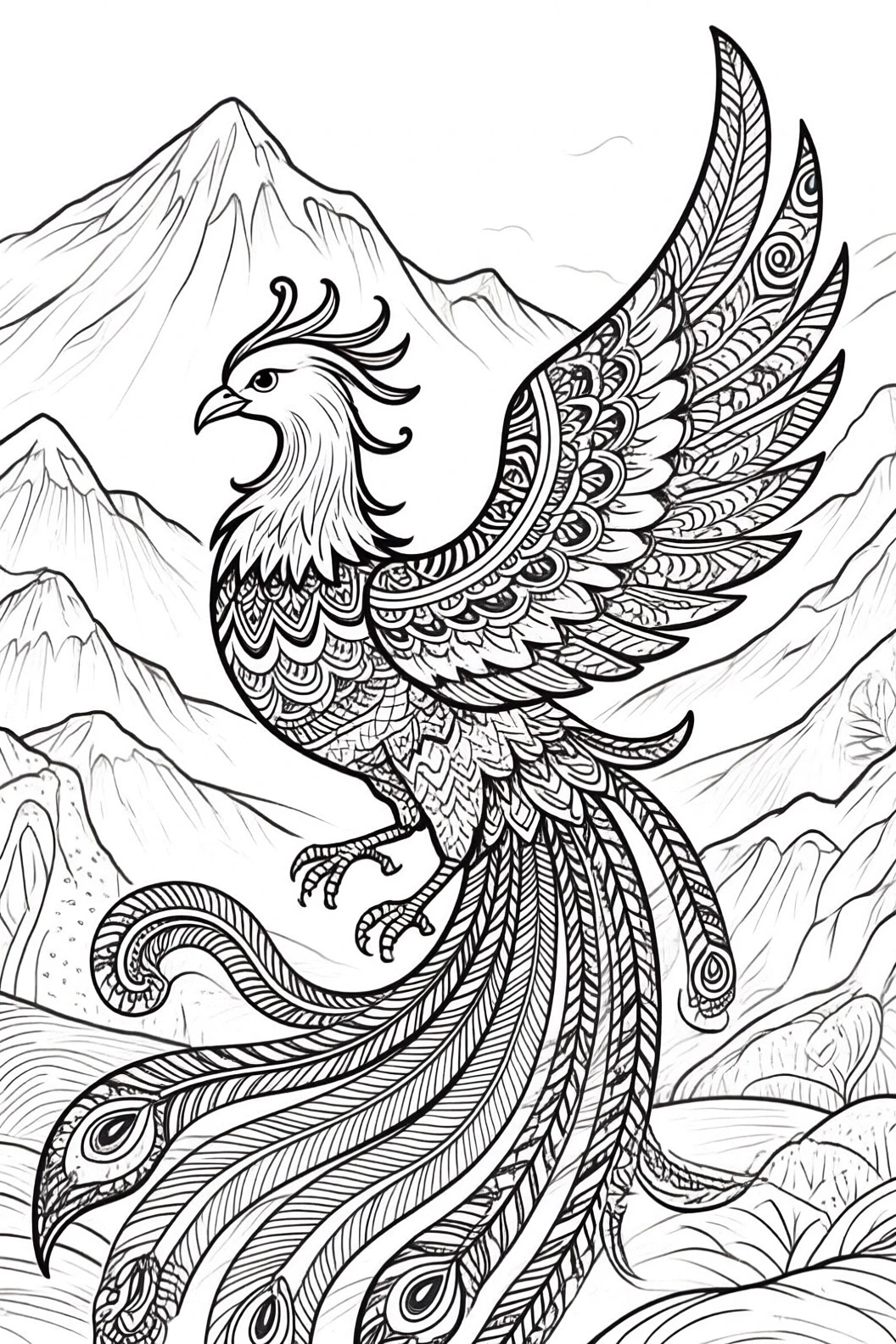 Intricate phoenix-style bird with mandala feathers soaring over a mountain landscape; black-and-white line-art coloring page from a printable coloring page. Ideal for detailed coloring page, kids'