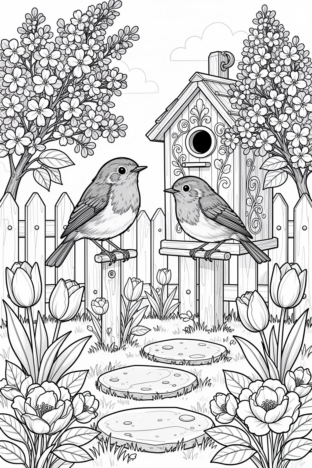 Detailed coloring page of a robin beside a birdhouse with tulips, lilacs, and garden details.