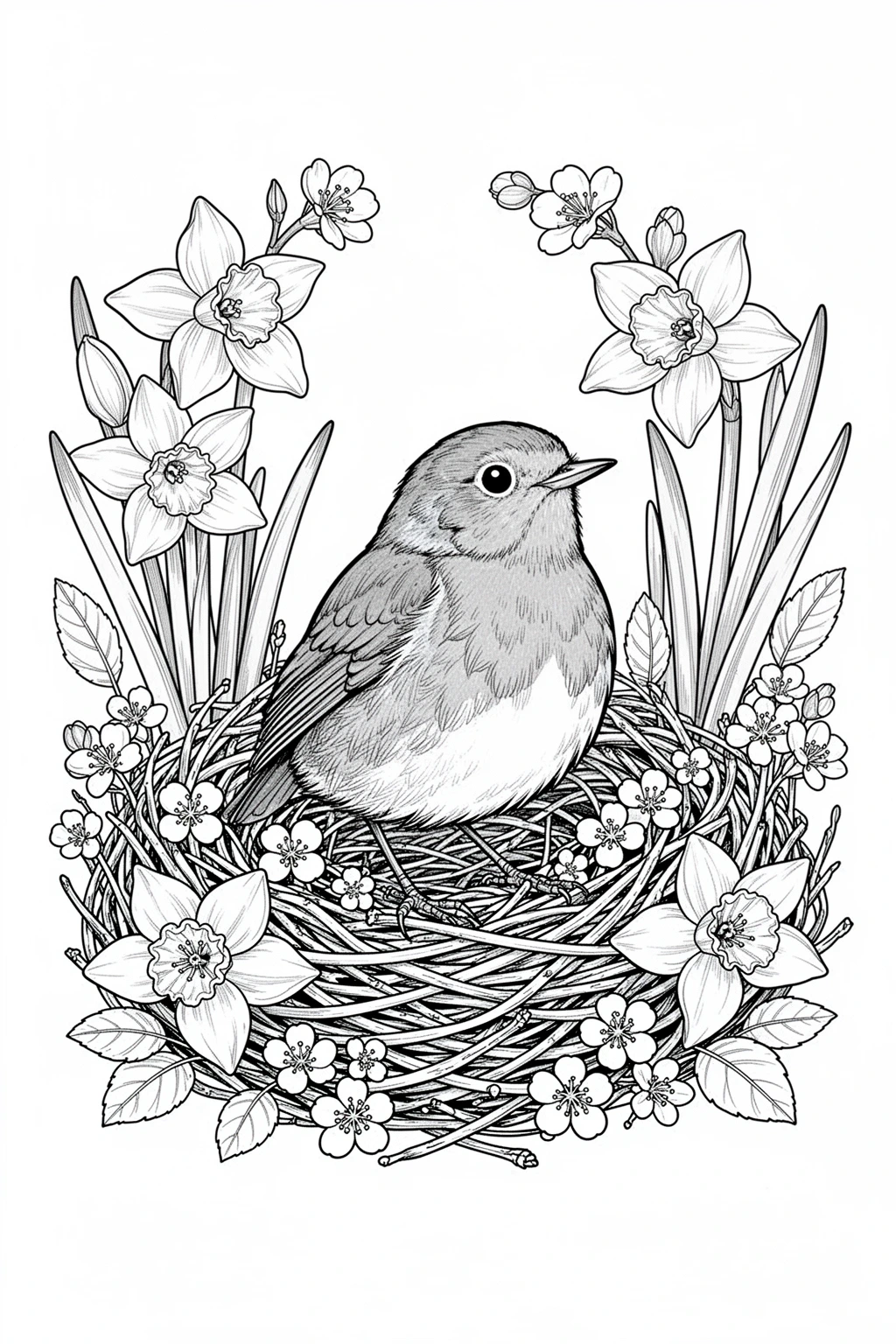 Black-and-white coloring page of robin nest coloring page.