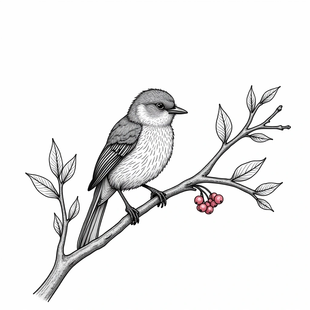 Black-and-white bird perched on a branch with small berries a detailed coloring page suitable for kids' coloring page, detailed coloring page, printable coloring page and coloring sheets. Animal