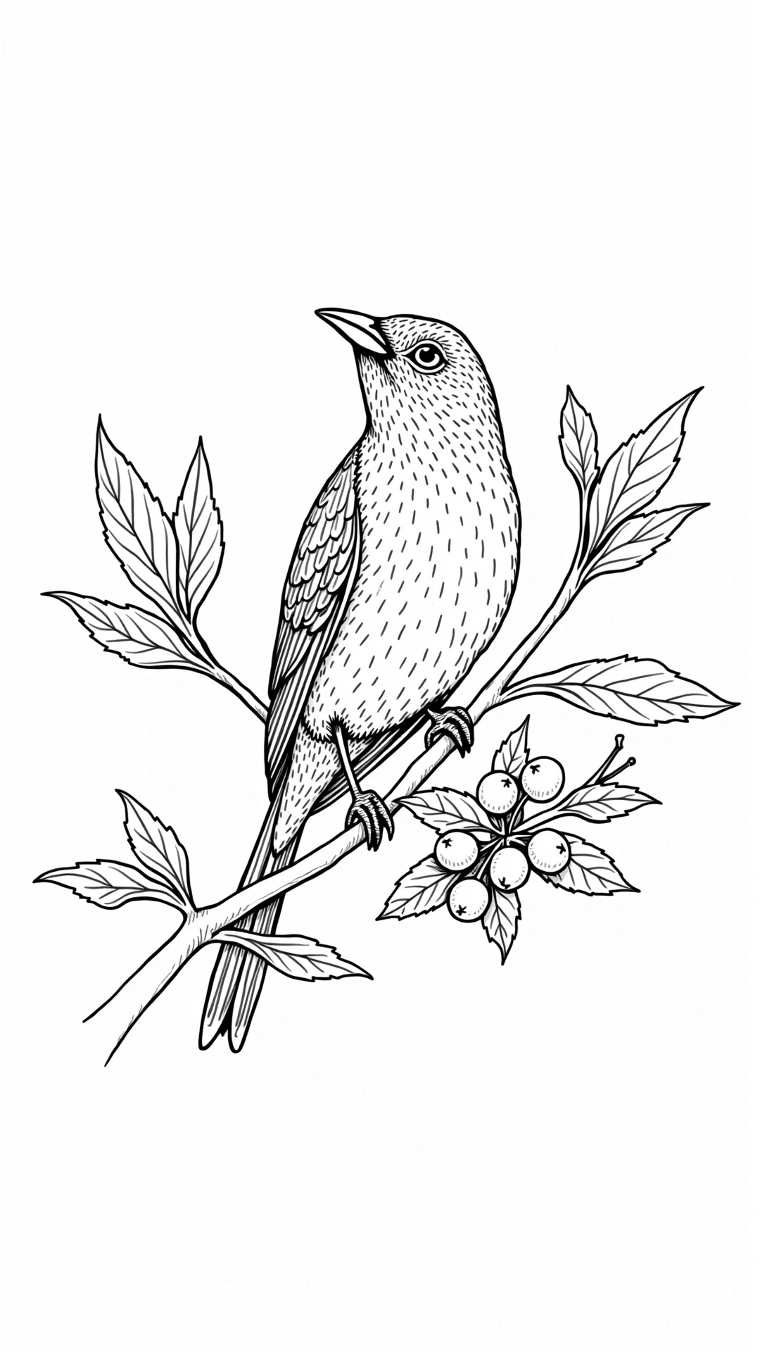 Black-and-white songbird line drawing on a branch with leaves and berries detailed coloring page, kids' coloring page, printable coloring page, coloring sheets, animal and spring theme.
