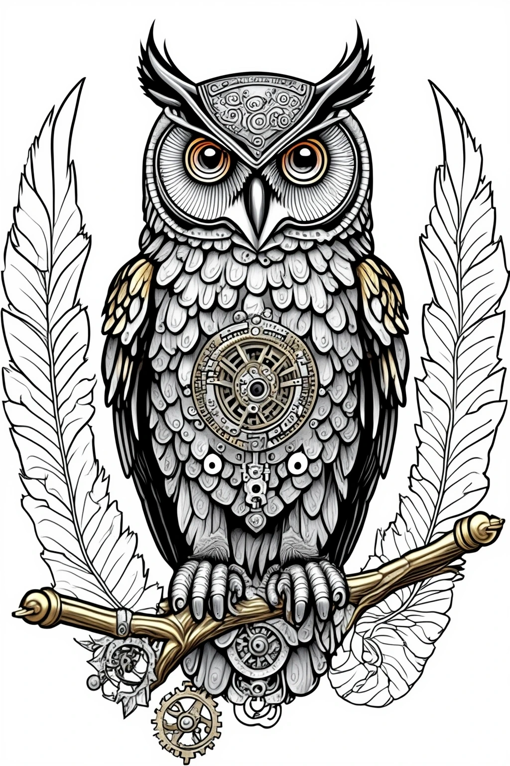 Steampunk owl line art: detailed coloring page and kids' coloring page style, printable coloring page and coloring sheets with mandala and gear details.