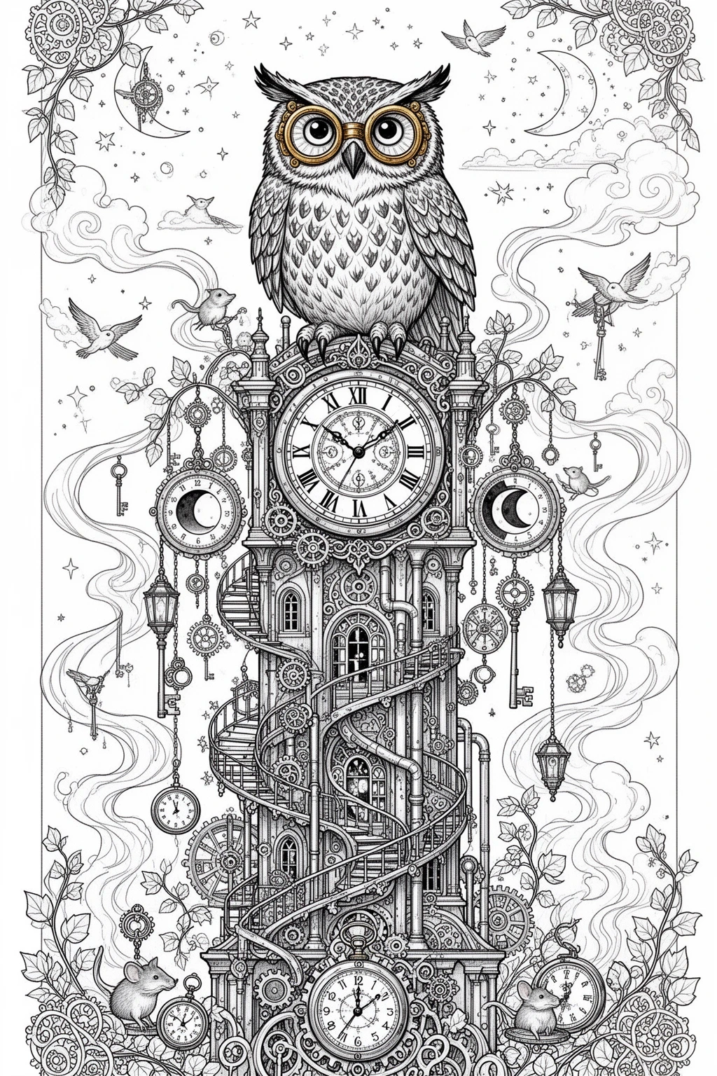 Steampunk Owl Clocktower coloring page | Magical Printable.