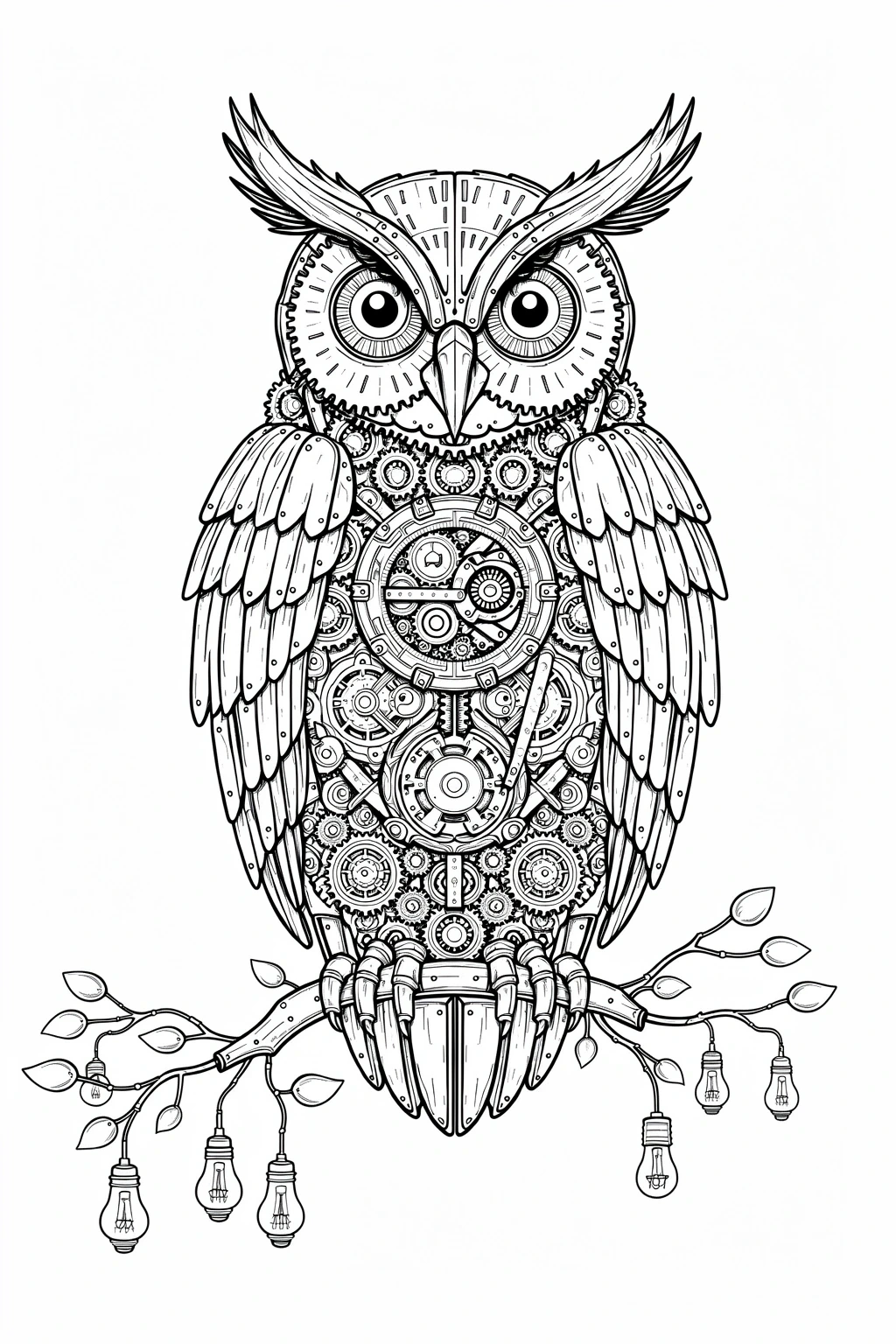 Intricate steampunk owl line art with gears and mandala details printable coloring sheets for kids' coloring page and detailed coloring page, perfect for a printable coloring page.