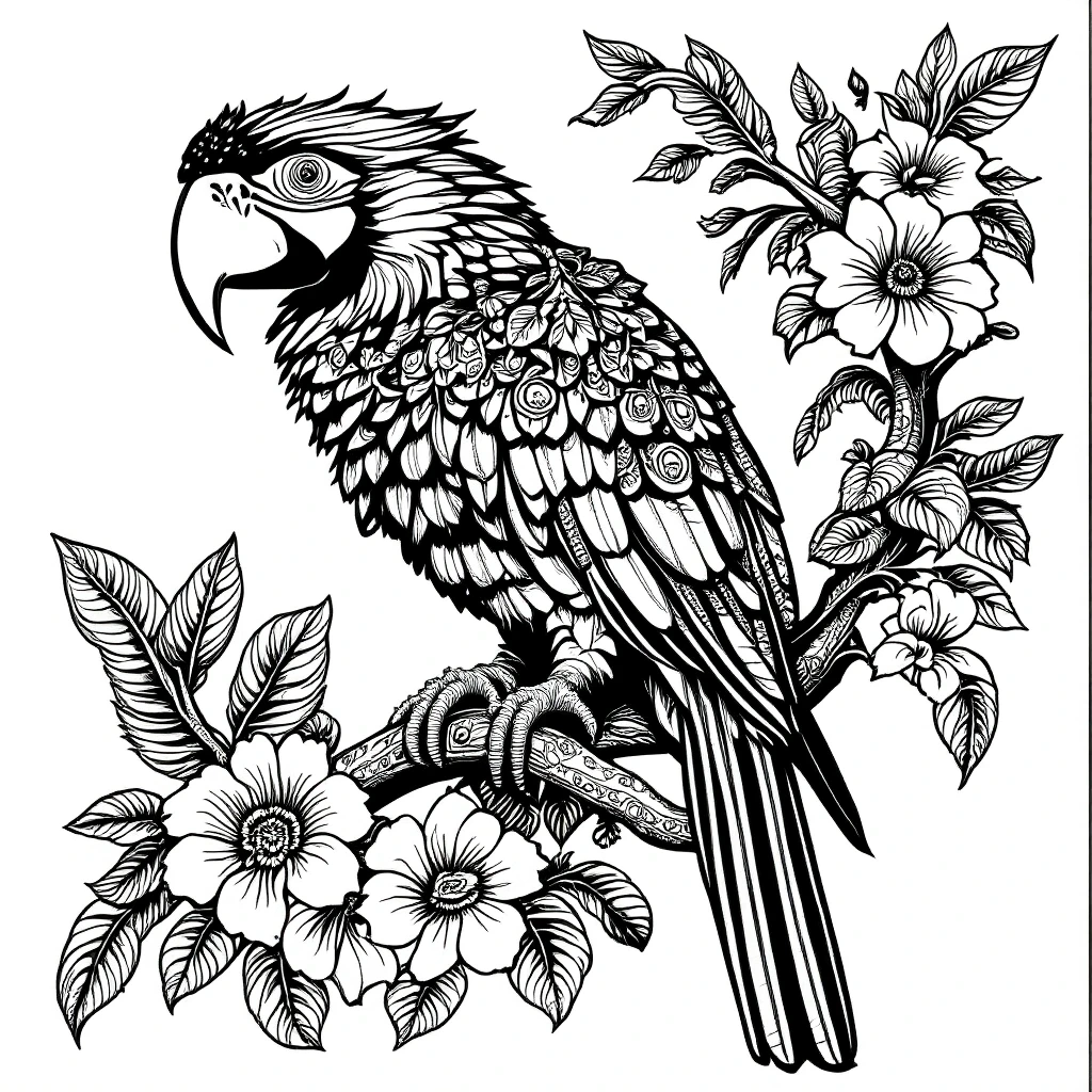 Black-and-white highly detailed parrot perched on a branch with blooming flowers detailed coloring page, kids' coloring page, printable coloring page, coloring sheets, animal, spring, mandala.