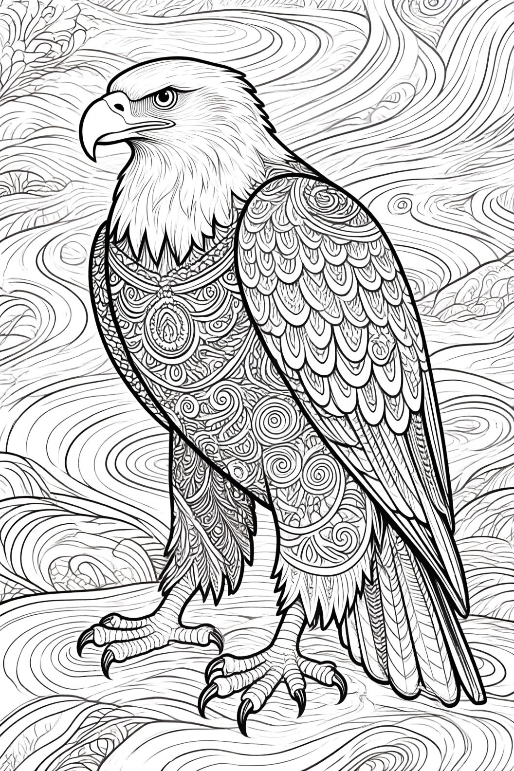 Intricate line-art of an animal an eagle standing proudly with mandala-style feather patterns; ideal for detailed coloring page, kids' coloring page, printable coloring page collections, and single