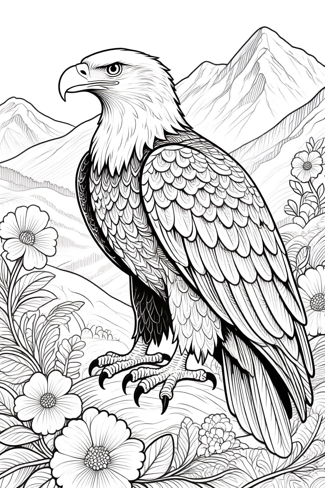 Black-and-white line art of a majestic eagle perched among mountains and flowers; ideal for detailed coloring page and kids' coloring page. printable coloring page style coloring sheets with animal