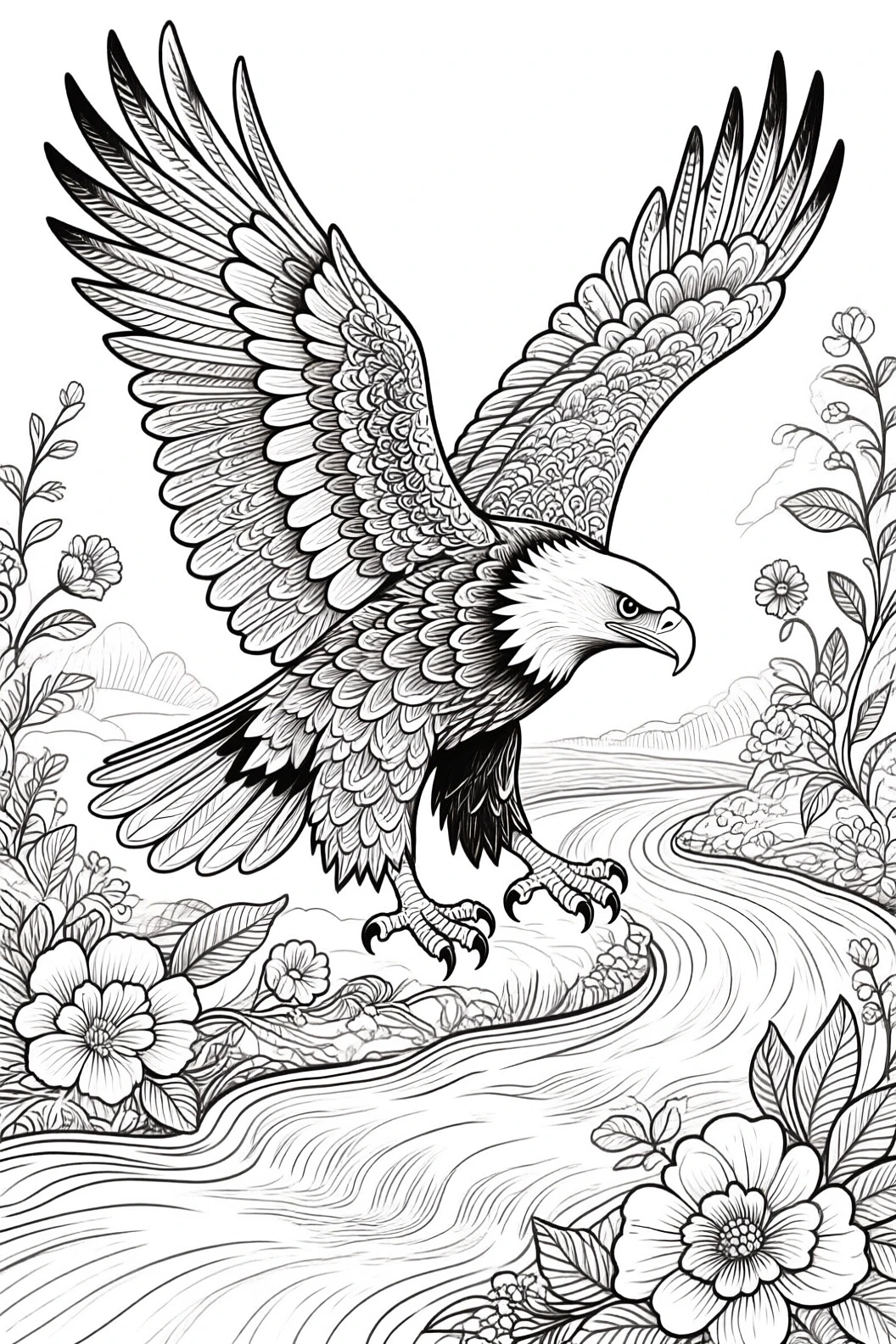 Detailed black-and-white coloring page of an animal a majestic eagle with outstretched wings gliding over a river amid flowers and leaves; ideal for detailed coloring page, kids' coloring page, a