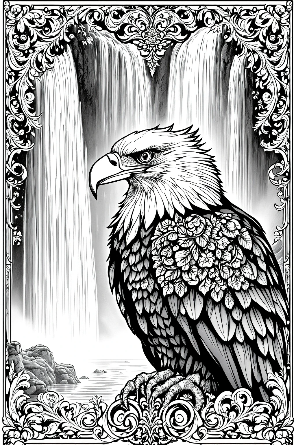 Intricate black-and-white eagle with floral feathers and ornate mandala-inspired border in front of tall waterfalls; animal-themed printable coloring page. Works for detailed coloring page for adults