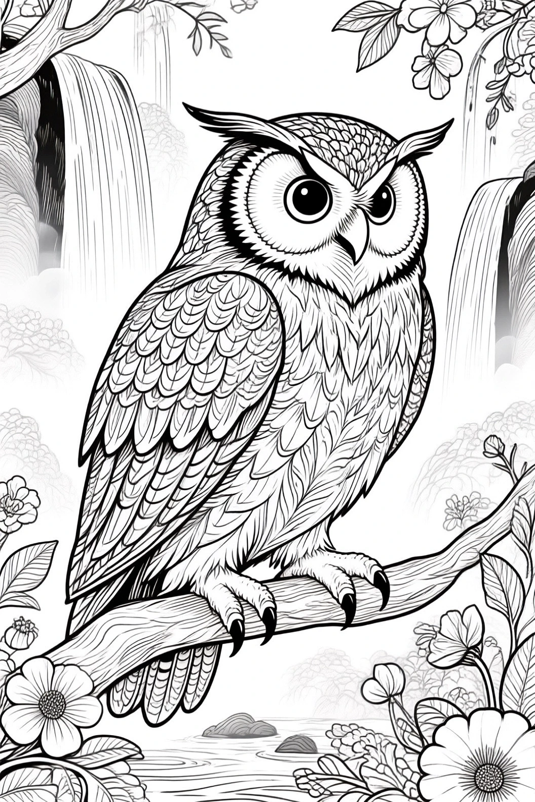 Black-and-white owl perched on a branch with flowers and waterfalls; intricate, mandala-style feather patterns. Suitable for detailed coloring page, kids' coloring page, a printable coloring page