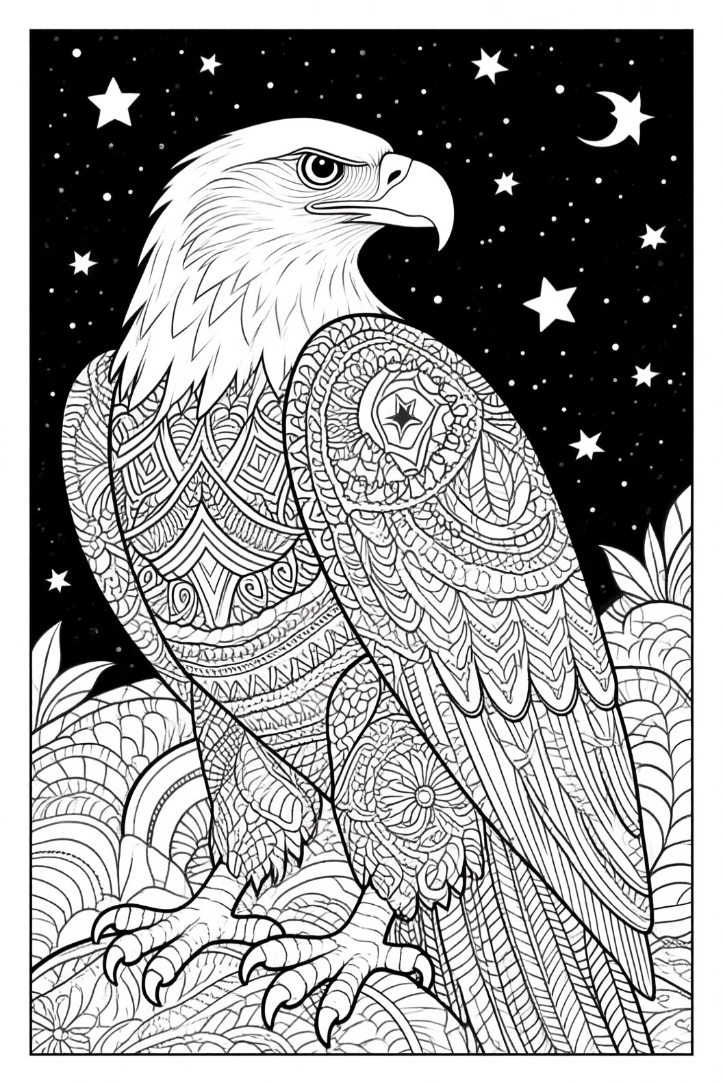 Black and white animal coloring page of a majestic eagle with mandala patterns against a starry night sky; part of a printable coloring page featuring detailed coloring page, kids' coloring page.