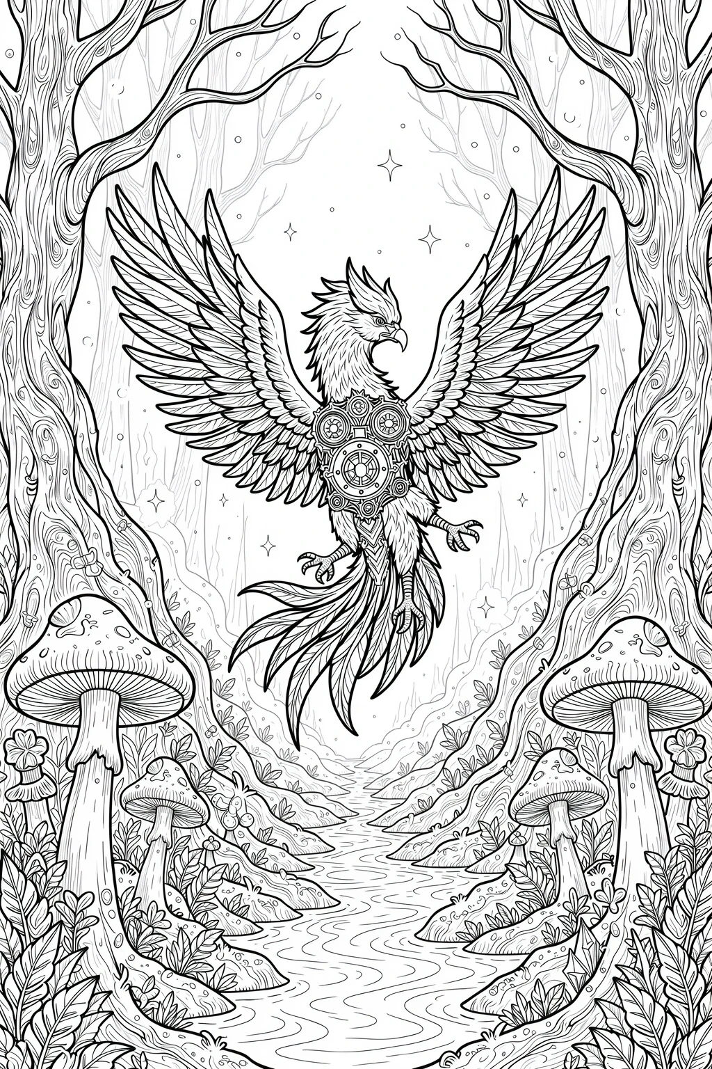Black and white coloring page of detailed steampunk eagle with outstretched wings flying in a forest with trees, mushrooms, and a winding stream